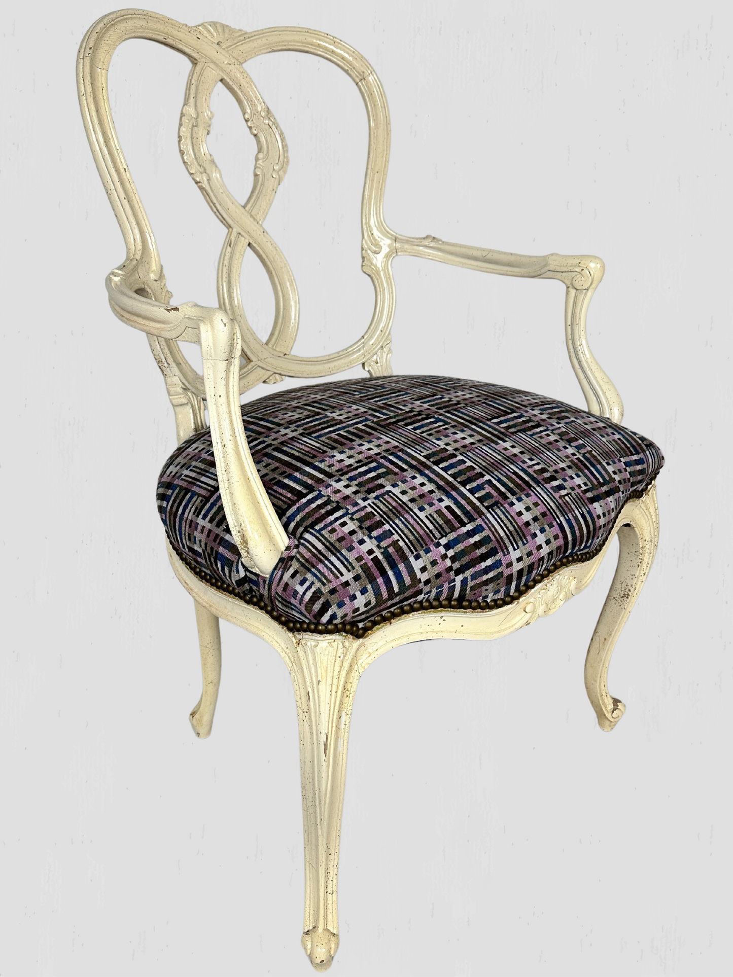 Mid-Century Carved Ribbon Back White Dining Chairs Set of 6 Holland & Sherry Fabric