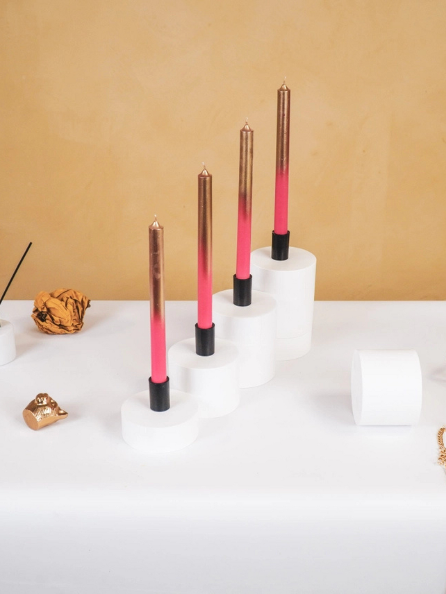 Pink & Gold Dip Dye Taper Candle Set of 4