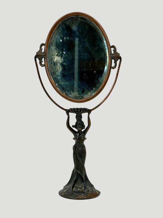 Antique Art Nouveau Bronze Figural Woman Vanity Mirror
