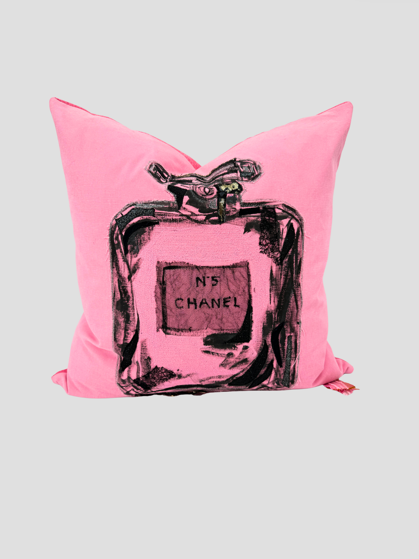 Pink Linen Chanel Painted Bottle Pillow