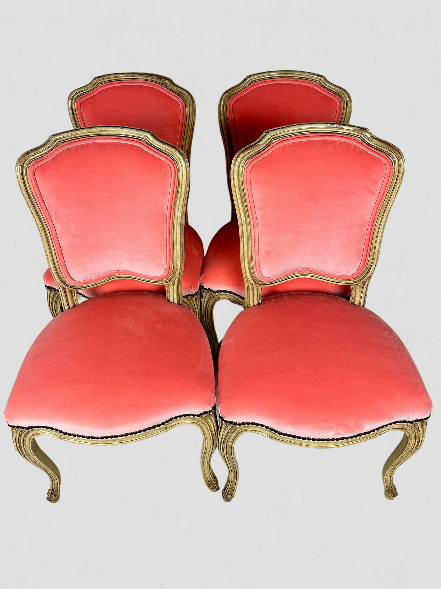 1960s Mid-Century French Chairs Bethlehem Furniture Set of 4 Coral Velvet