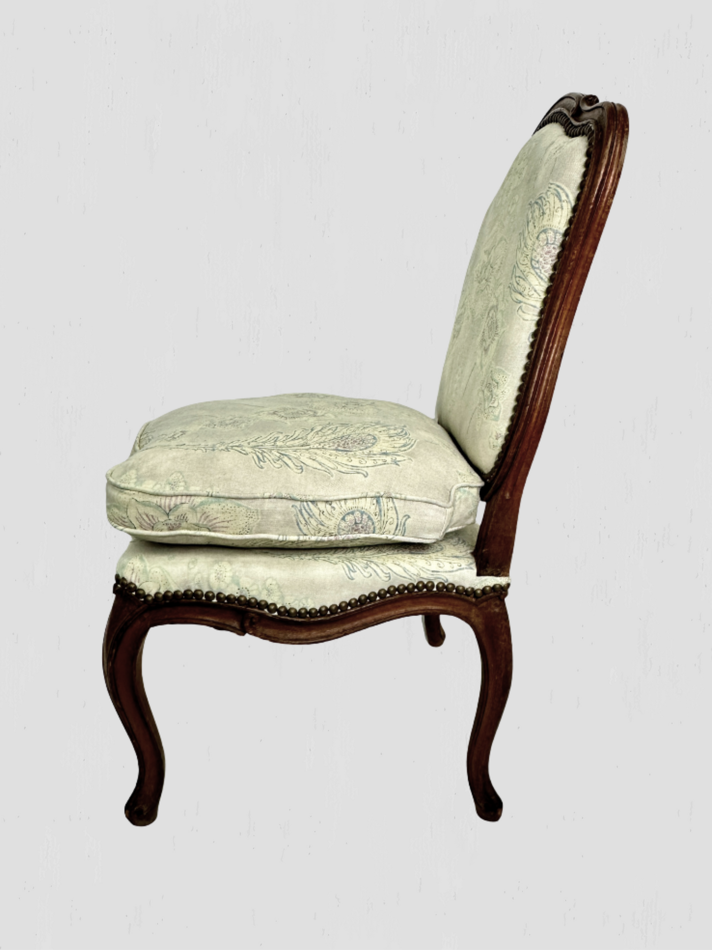 French Slipper Chair Carved Exposed Frame Floral Linen Pair