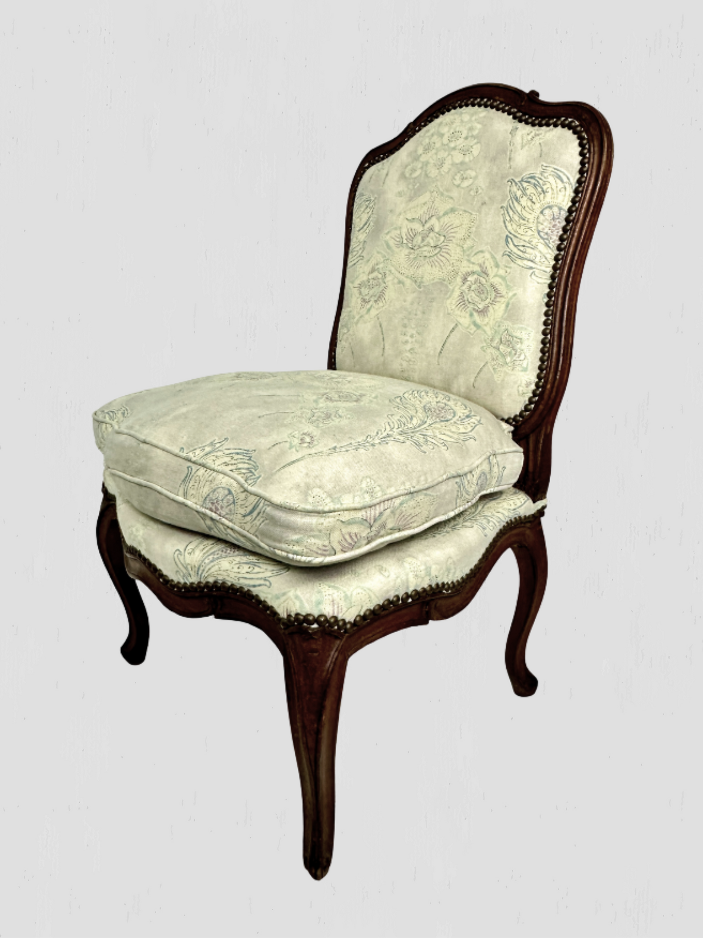 French Slipper Chair Carved Exposed Frame Floral Linen Pair