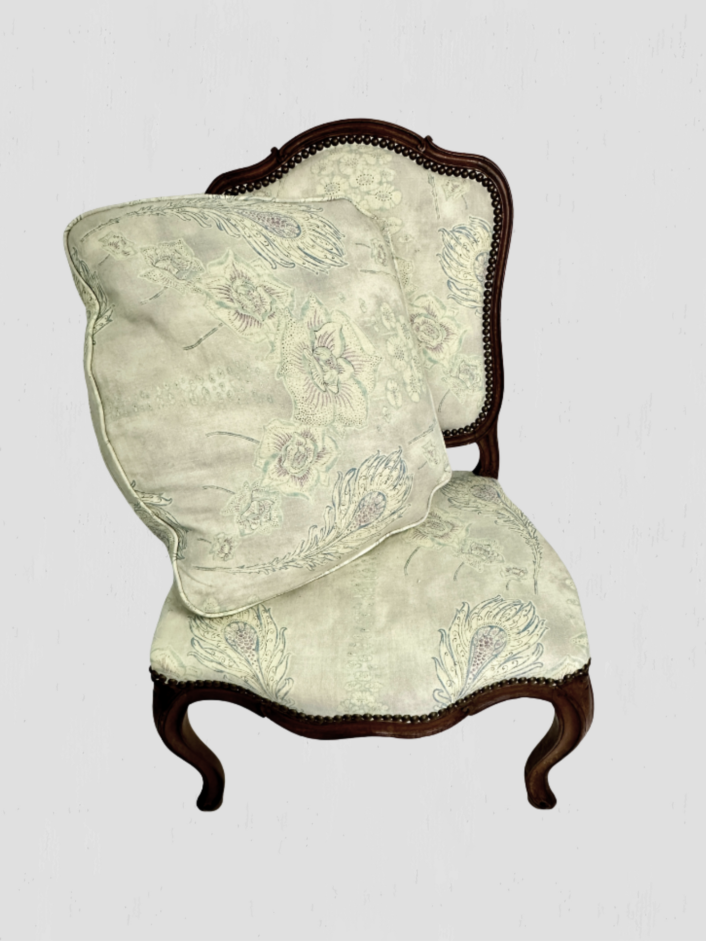 French Slipper Chair Carved Exposed Frame Floral Linen Pair