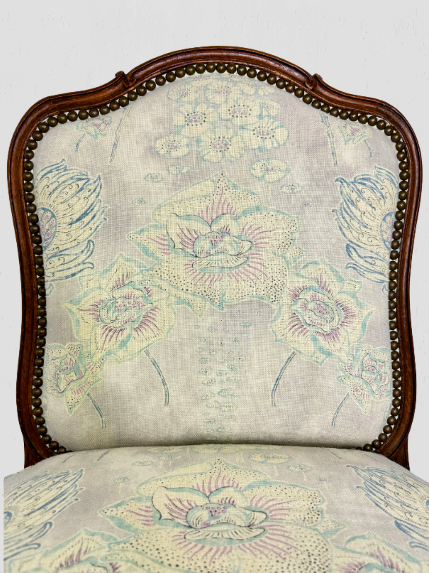French Slipper Chair Carved Exposed Frame Floral Linen Pair