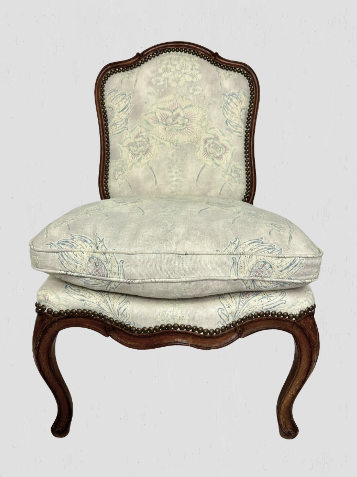 French Slipper Chair Carved Exposed Frame Floral Linen Pair