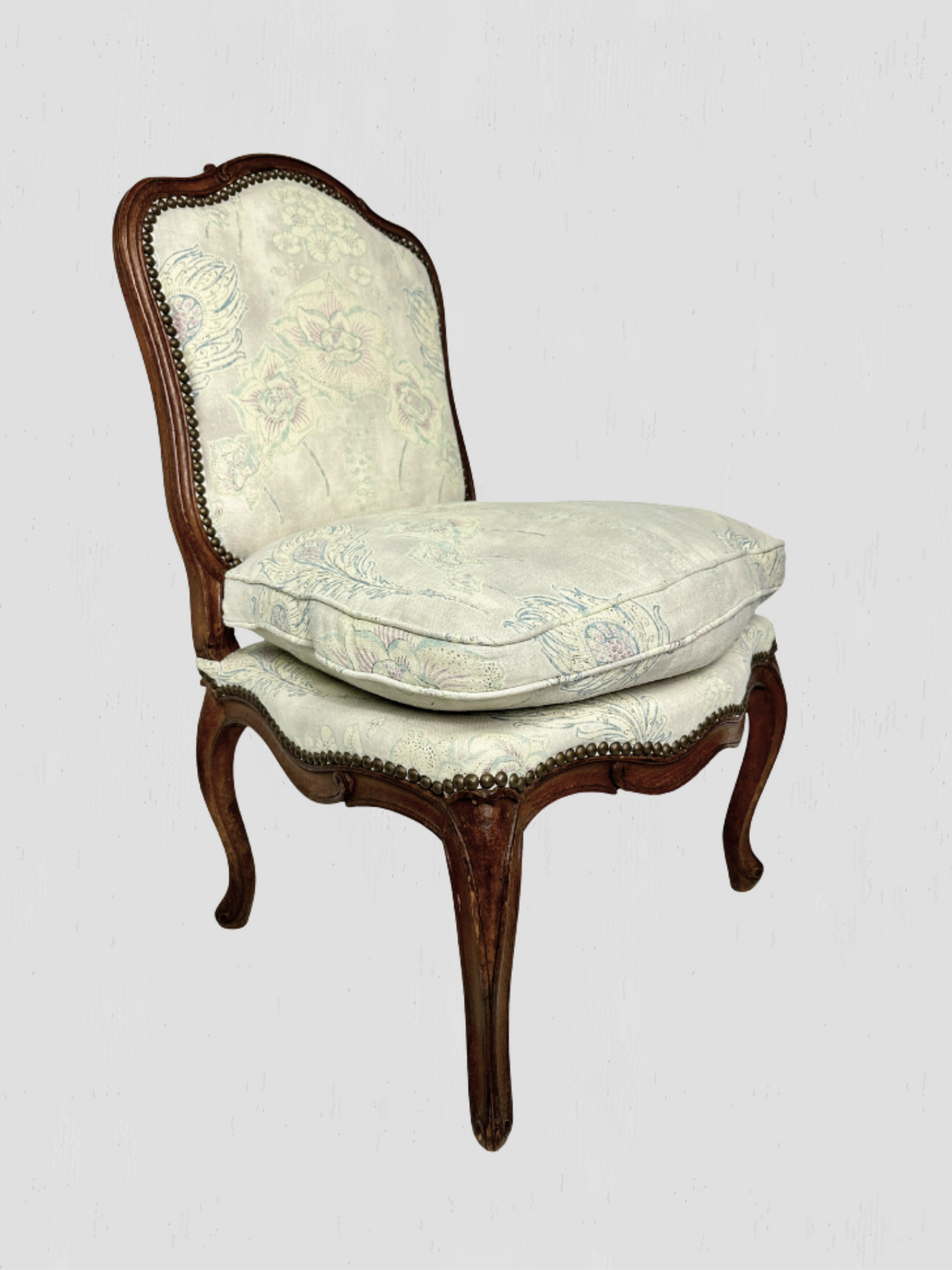 French Slipper Chair Carved Exposed Frame Floral Linen Pair