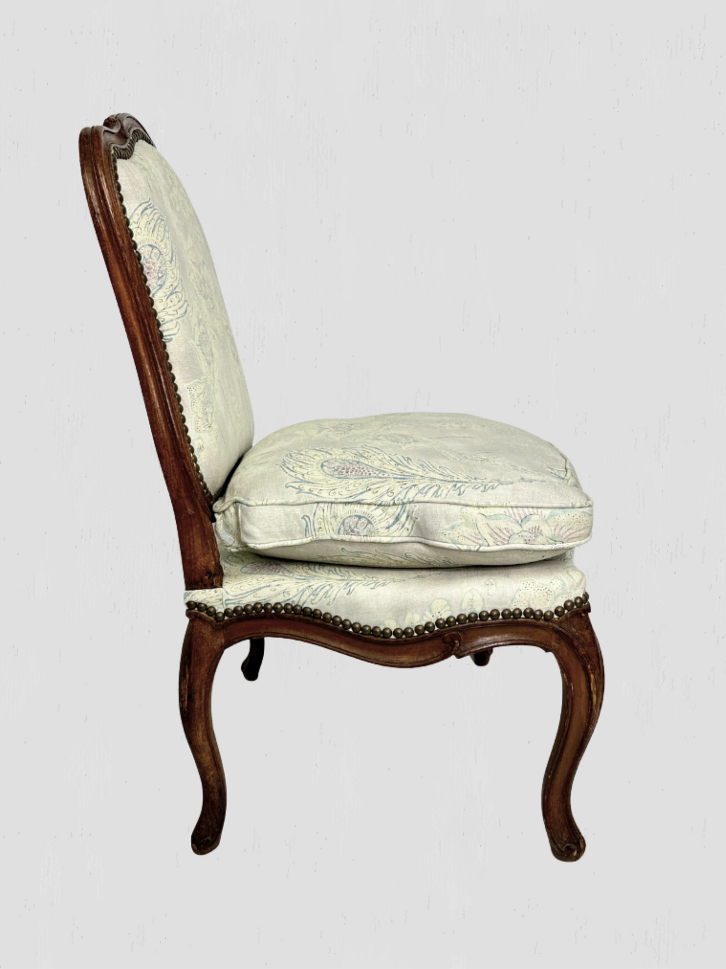 French Slipper Chair Carved Exposed Frame Floral Linen Pair