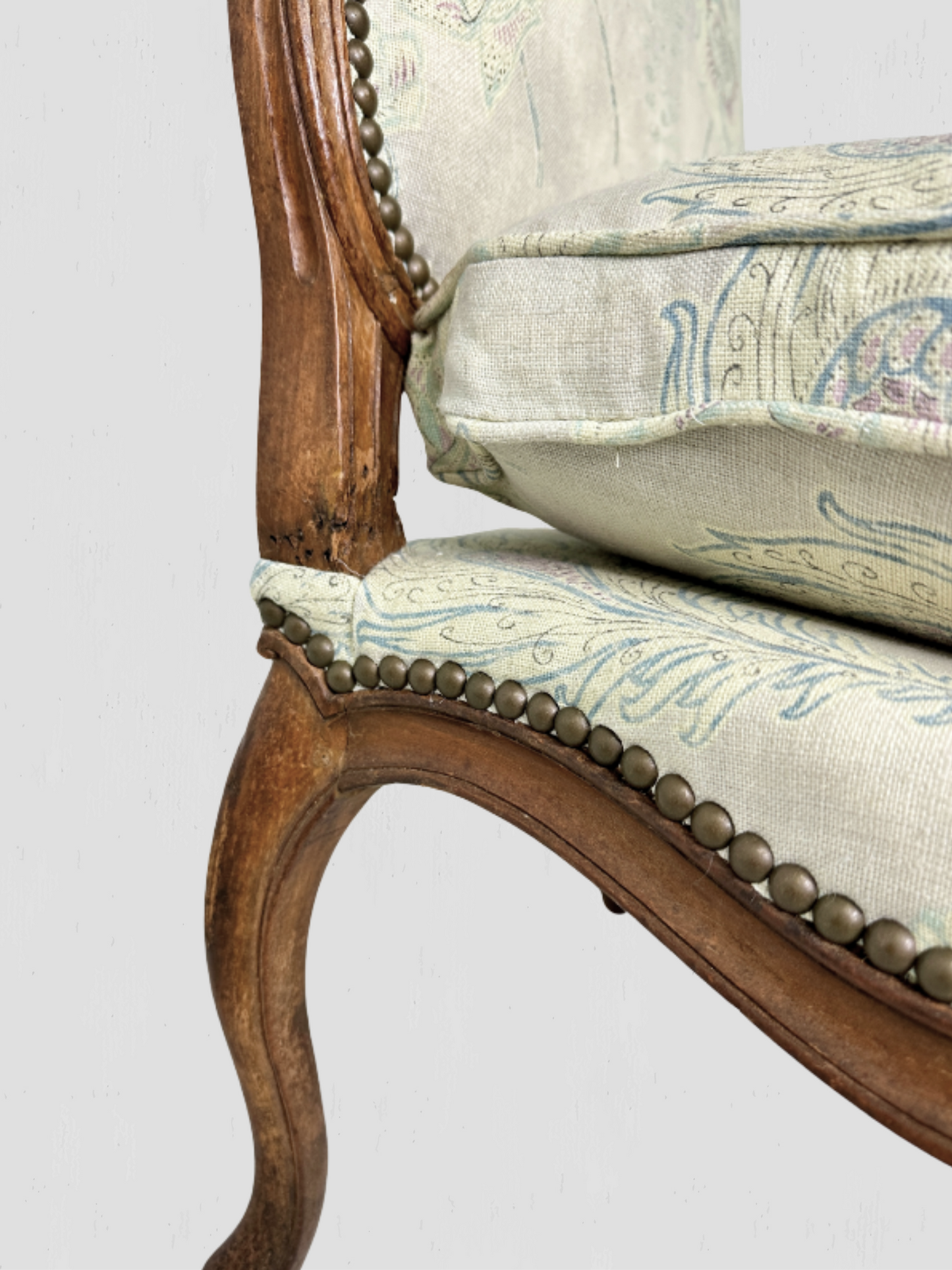 French Slipper Chair Carved Exposed Frame Floral Linen Pair