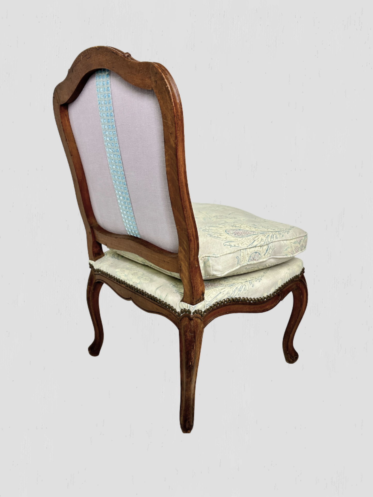 French Slipper Chair Carved Exposed Frame Floral Linen Pair