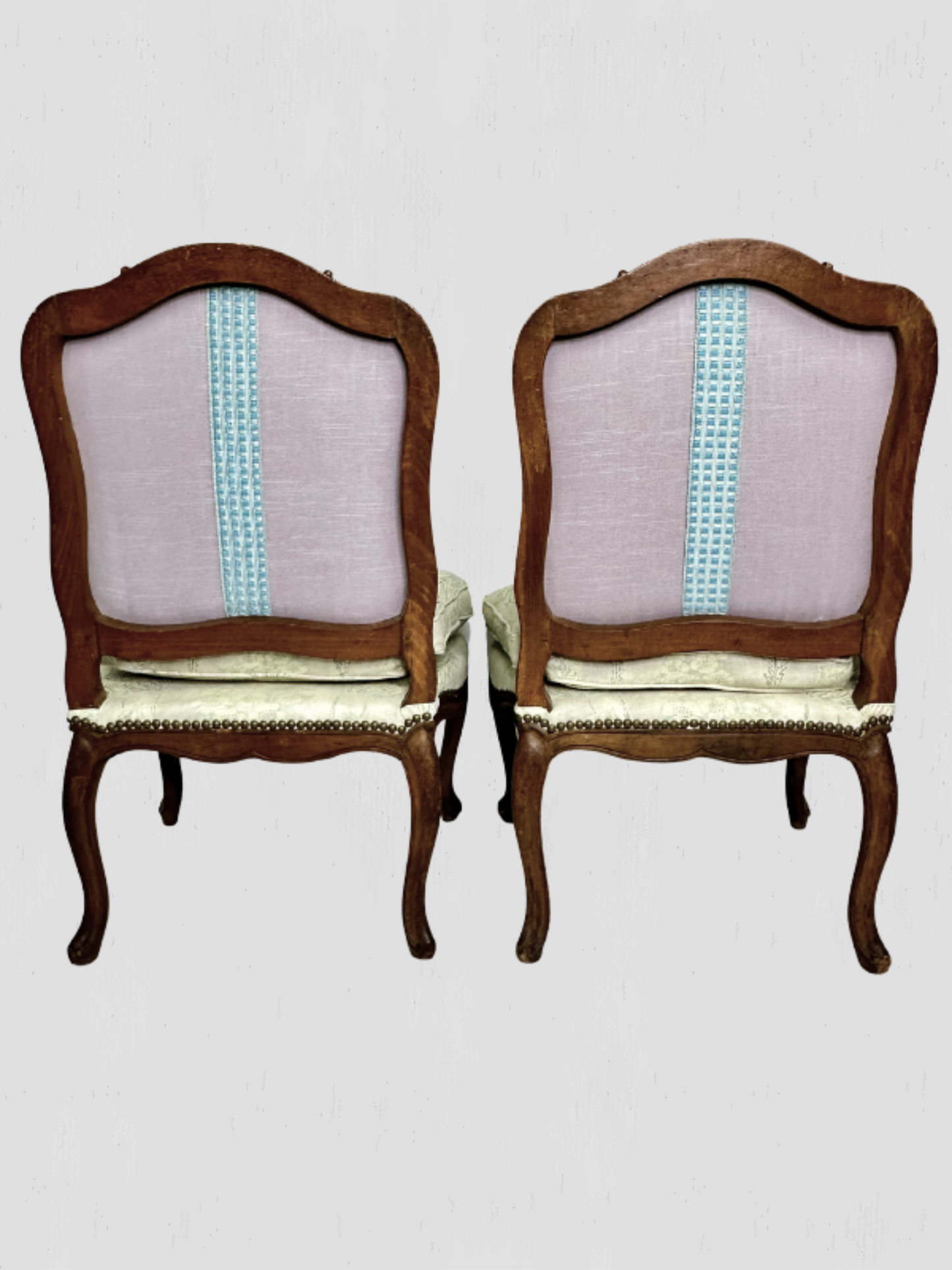 French Slipper Chair Carved Exposed Frame Floral Linen Pair