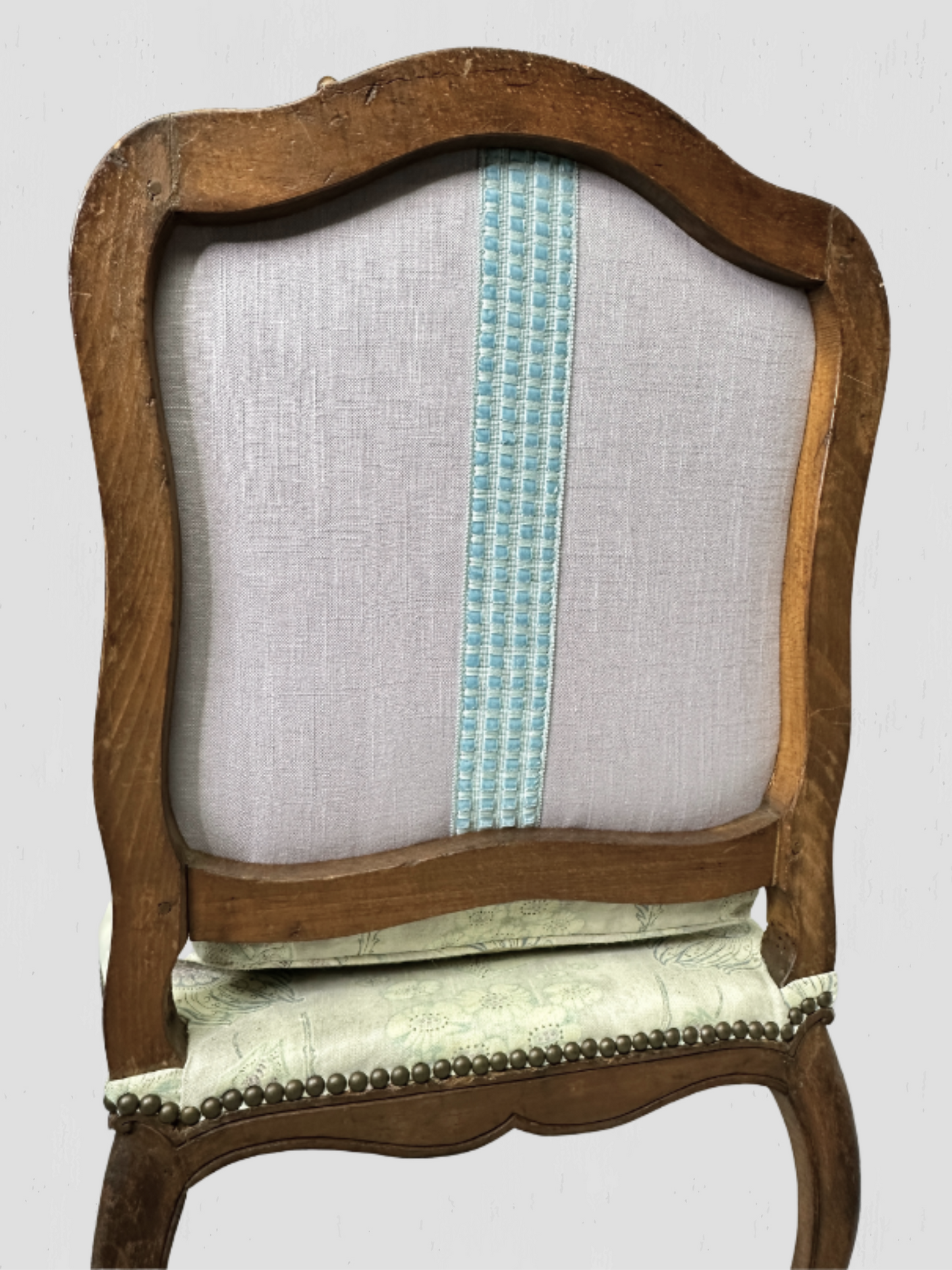 French Slipper Chair Carved Exposed Frame Floral Linen Pair