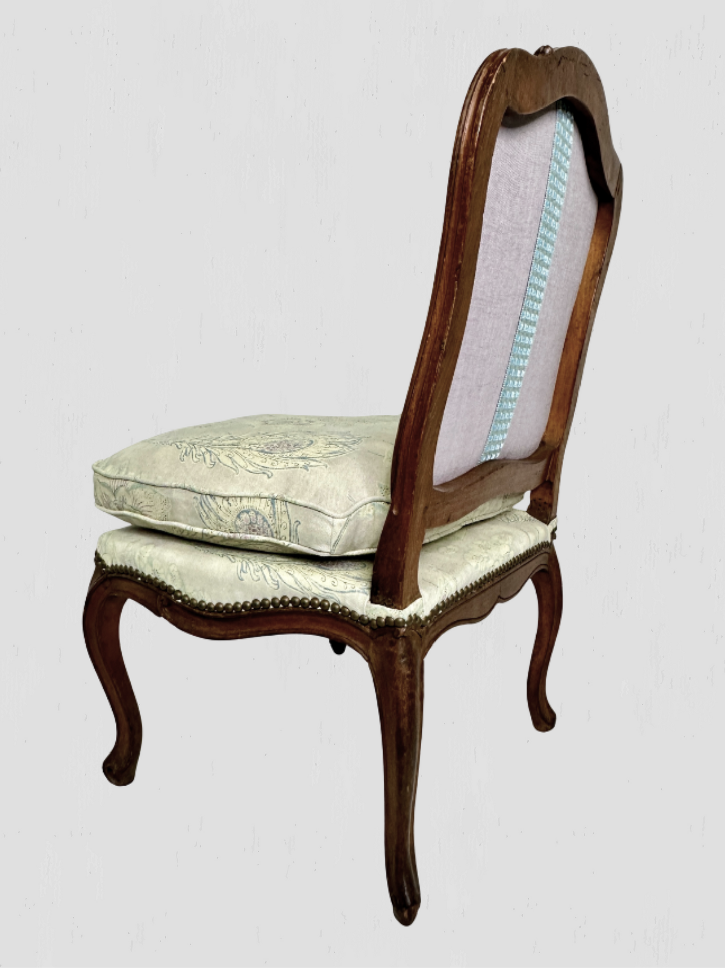 French Slipper Chair Carved Exposed Frame Floral Linen Pair