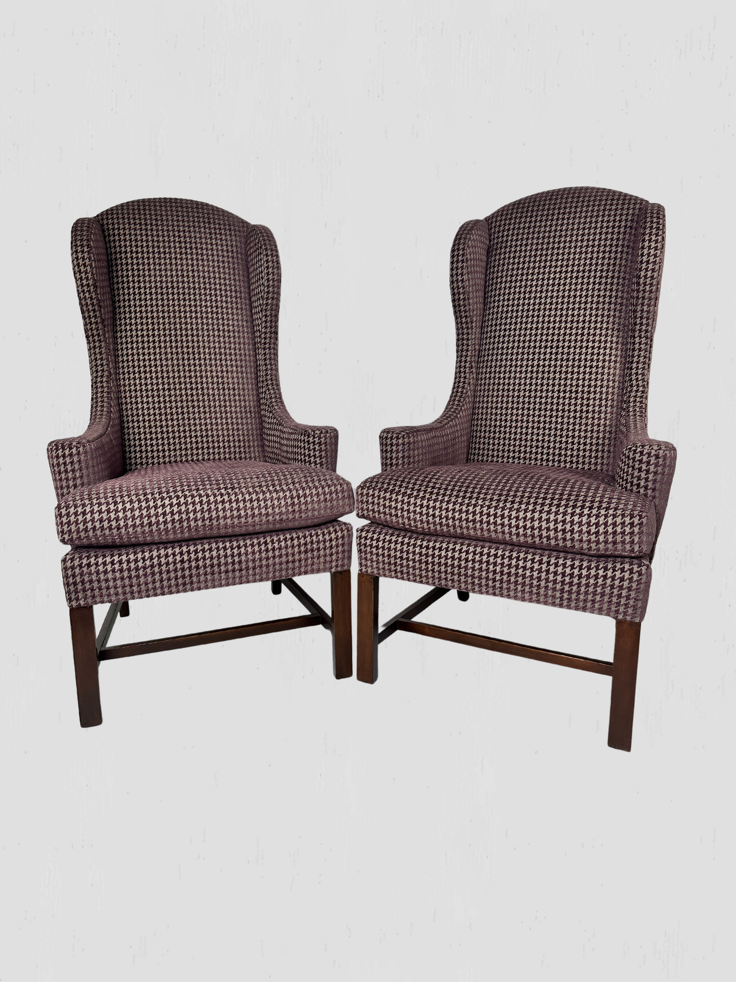 Mid-Century Petite Wing Chair Pair Newly Upholstered Houndstooth Chenille