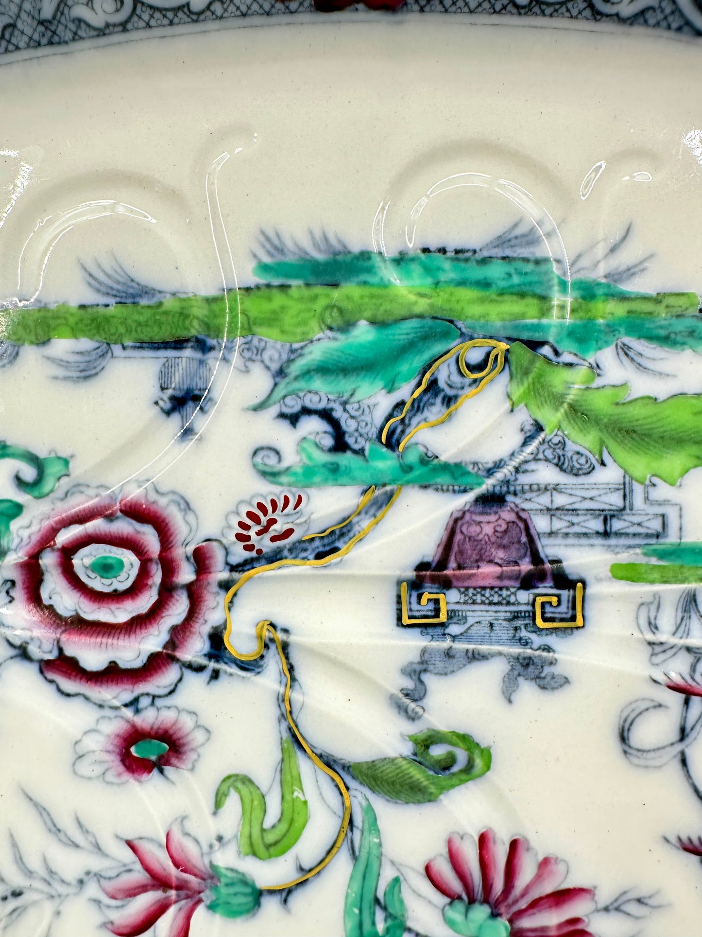 Antique Large Transfer Meat Platter Chinoiserie