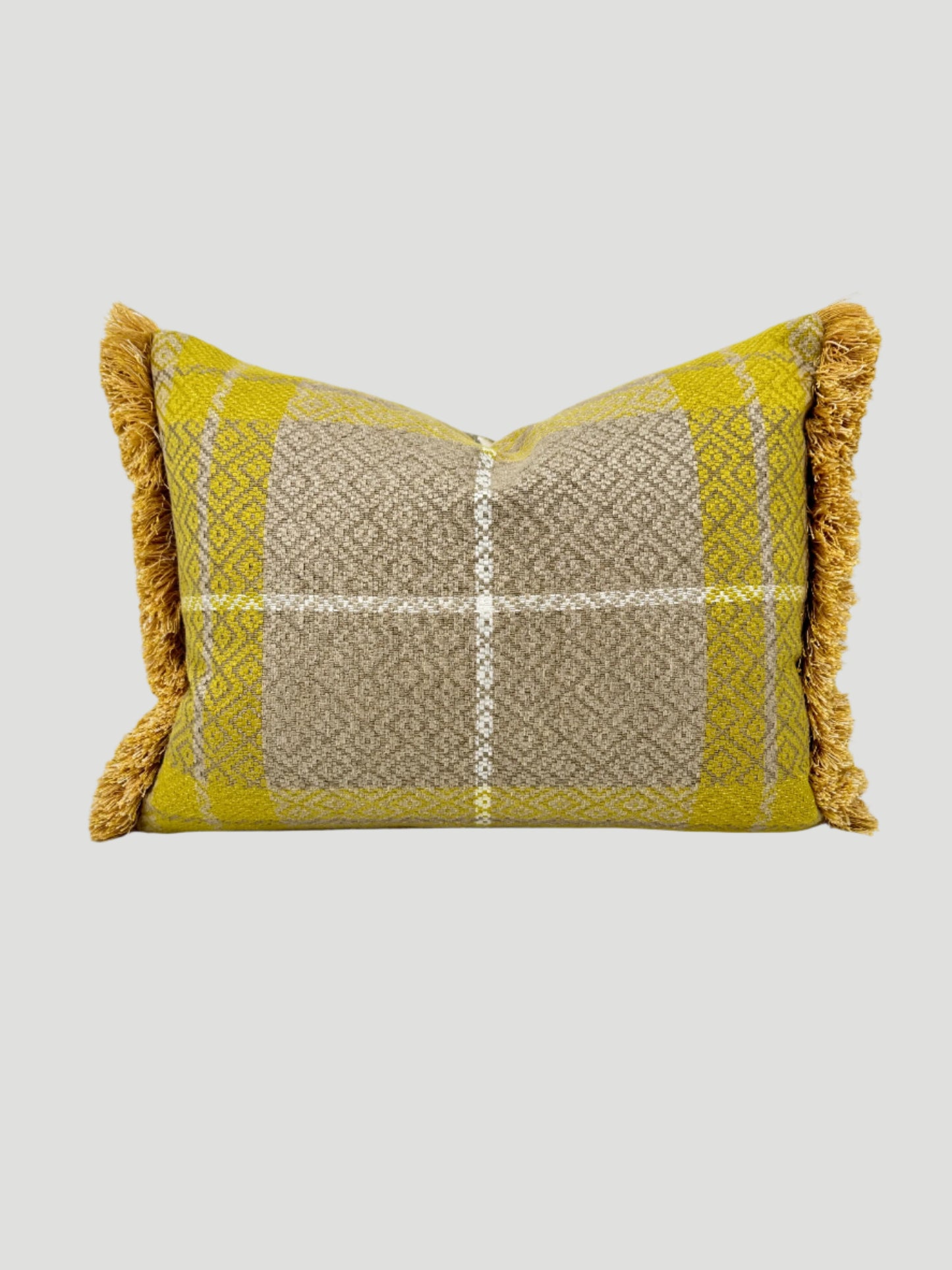 Yellow & Gray Linen Double Sided Lumbar Pillow With Fringe