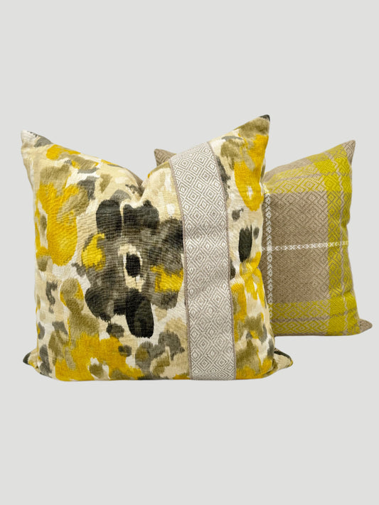 Yellow & Black Floral Linen Pillow Pair