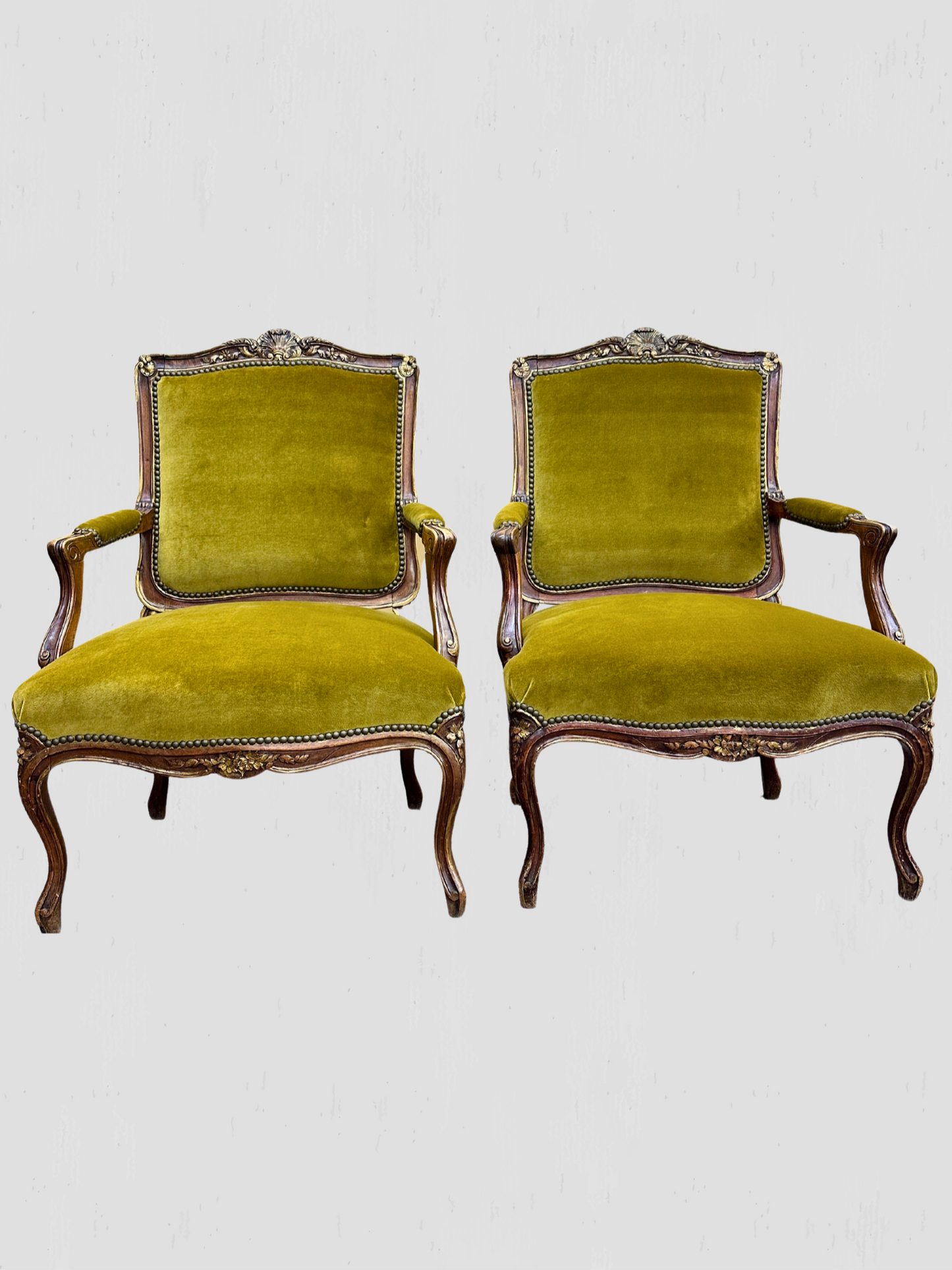 Louis XV Armchair Velvet and Schumacher Linen Pair