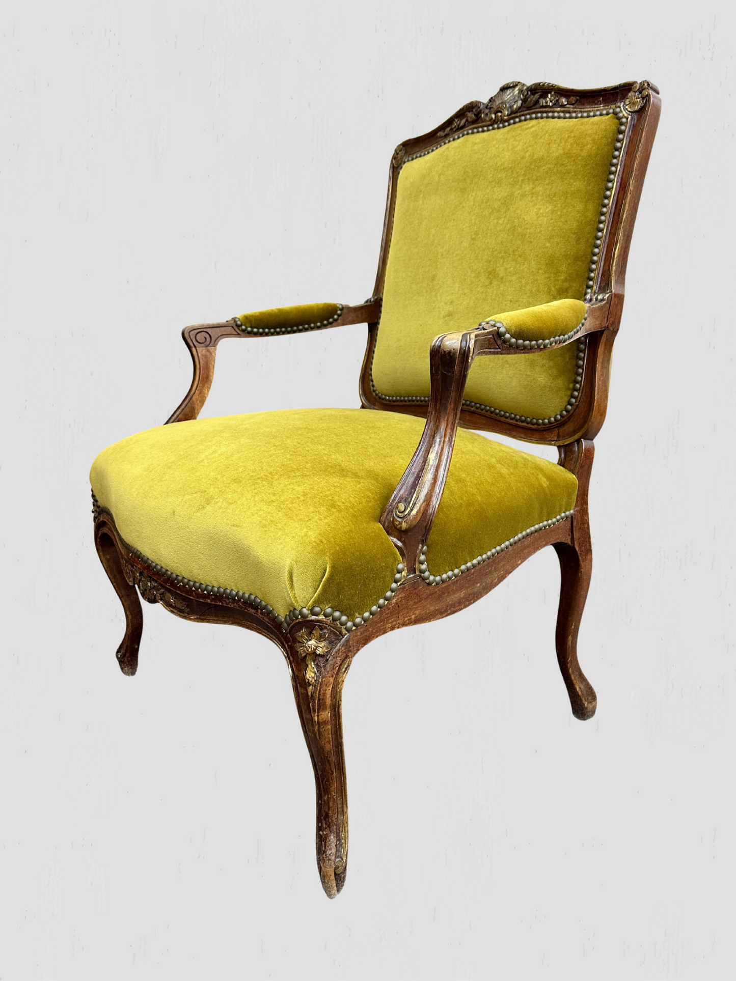 Louis XV Armchair Velvet and Schumacher Linen Pair