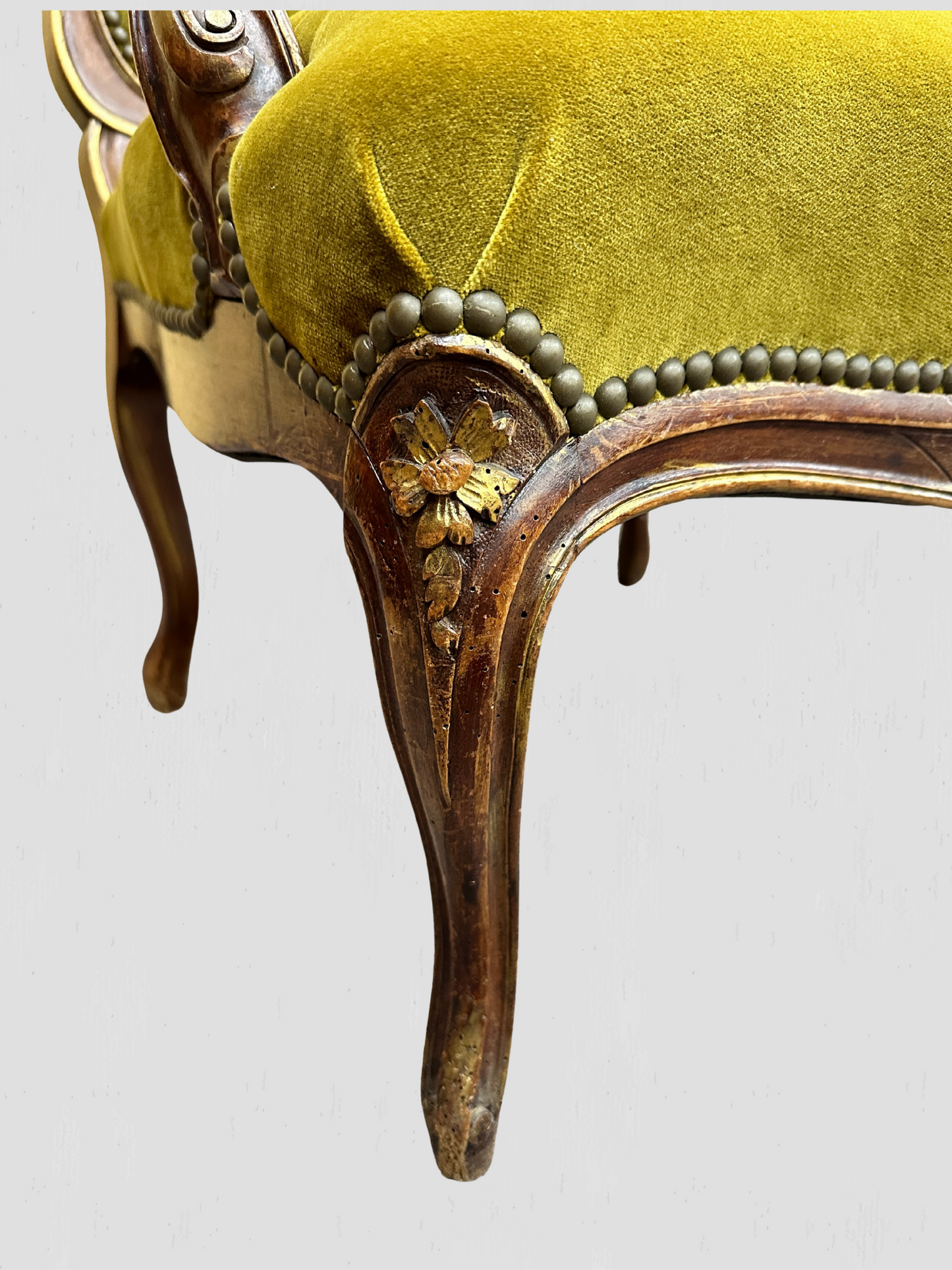Louis XV Armchair Velvet and Schumacher Linen Pair