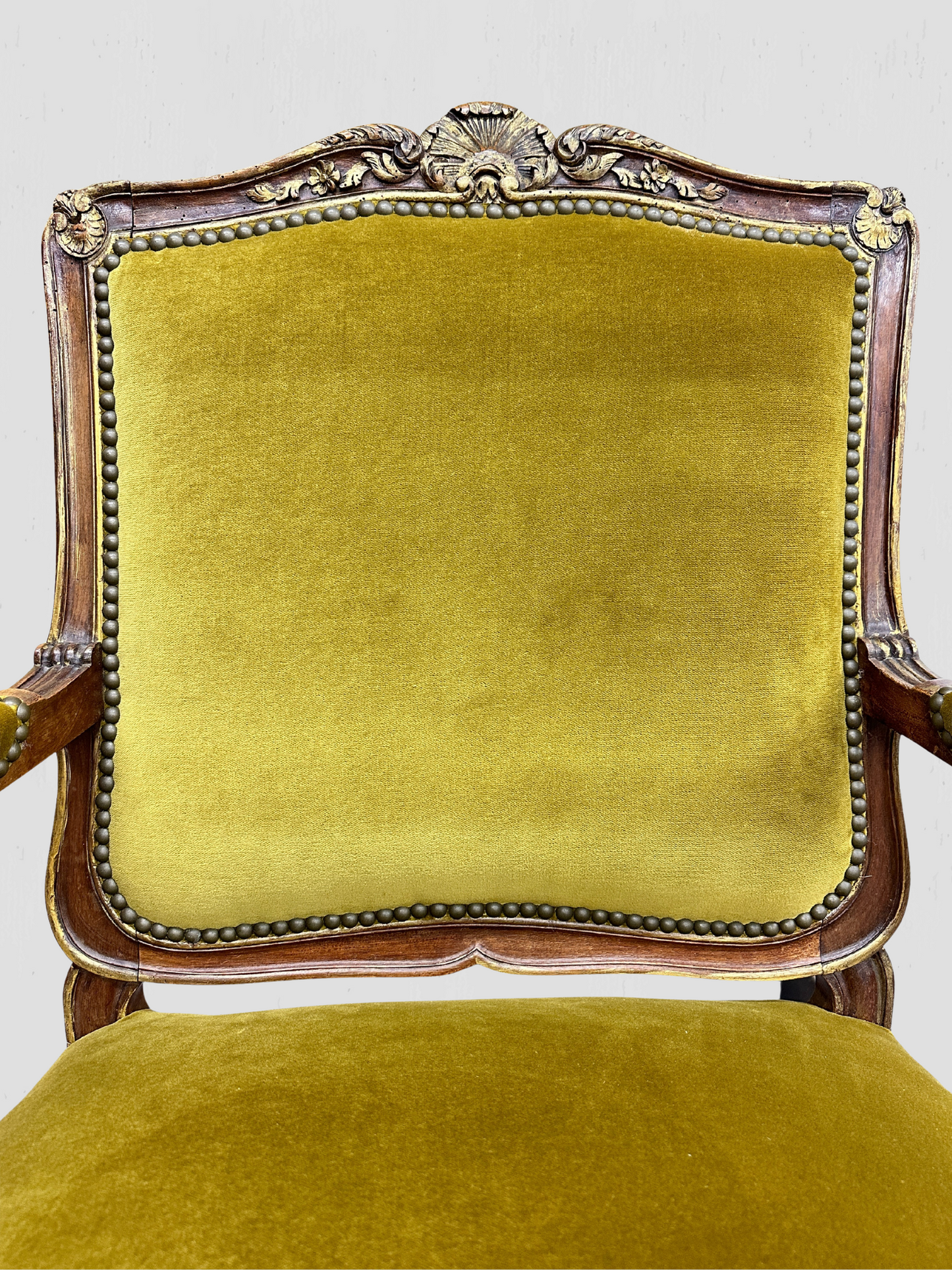 Louis XV Armchair Velvet and Schumacher Linen Pair
