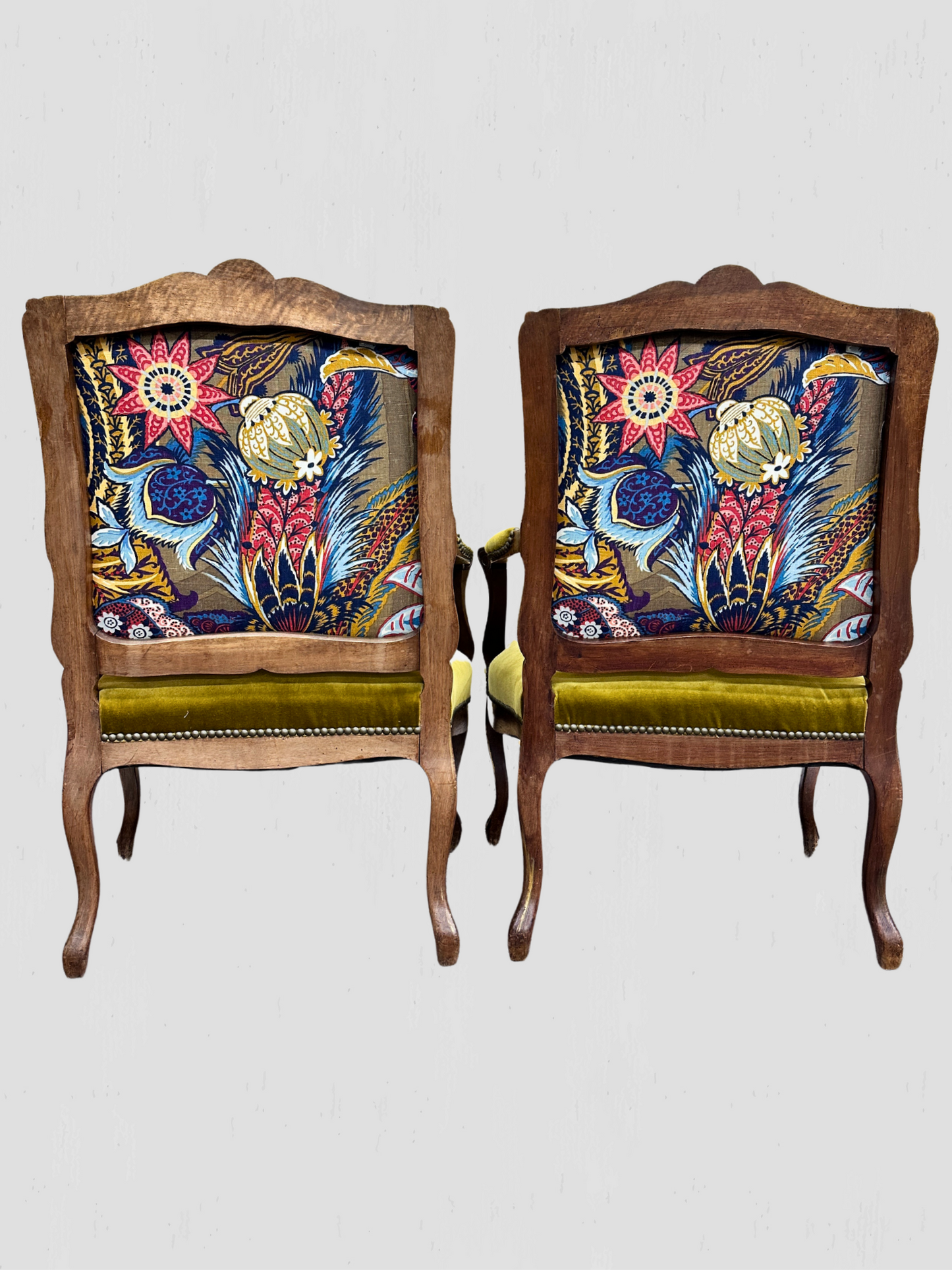 Louis XV Armchair Velvet and Schumacher Linen Pair