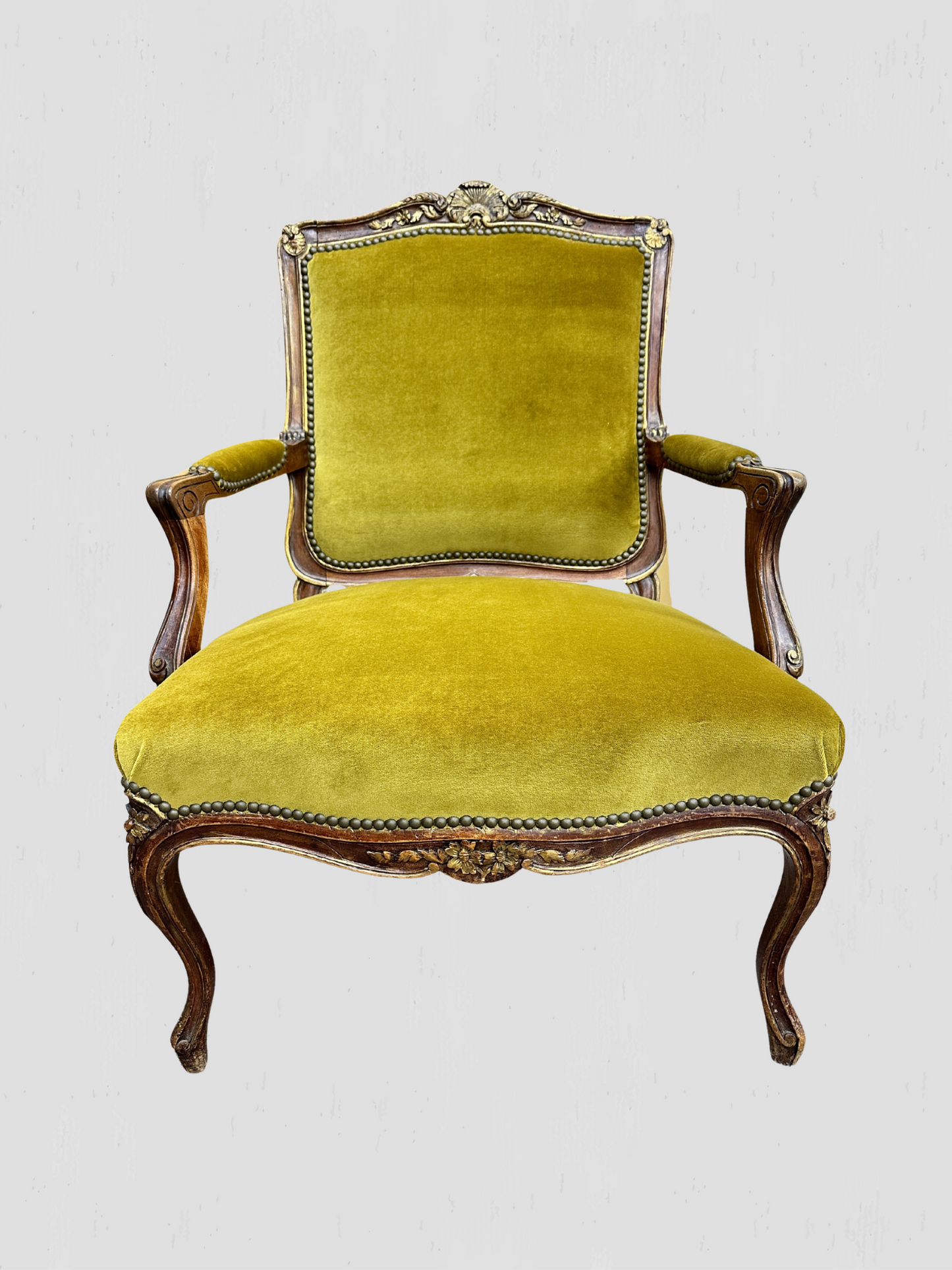 Louis XV Armchair Velvet and Schumacher Linen Pair