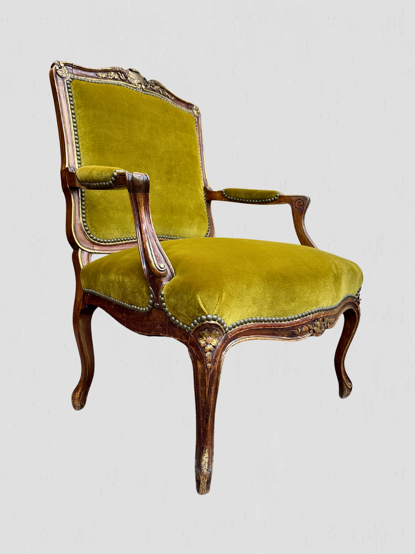 Louis XV Armchair Velvet and Schumacher Linen Pair