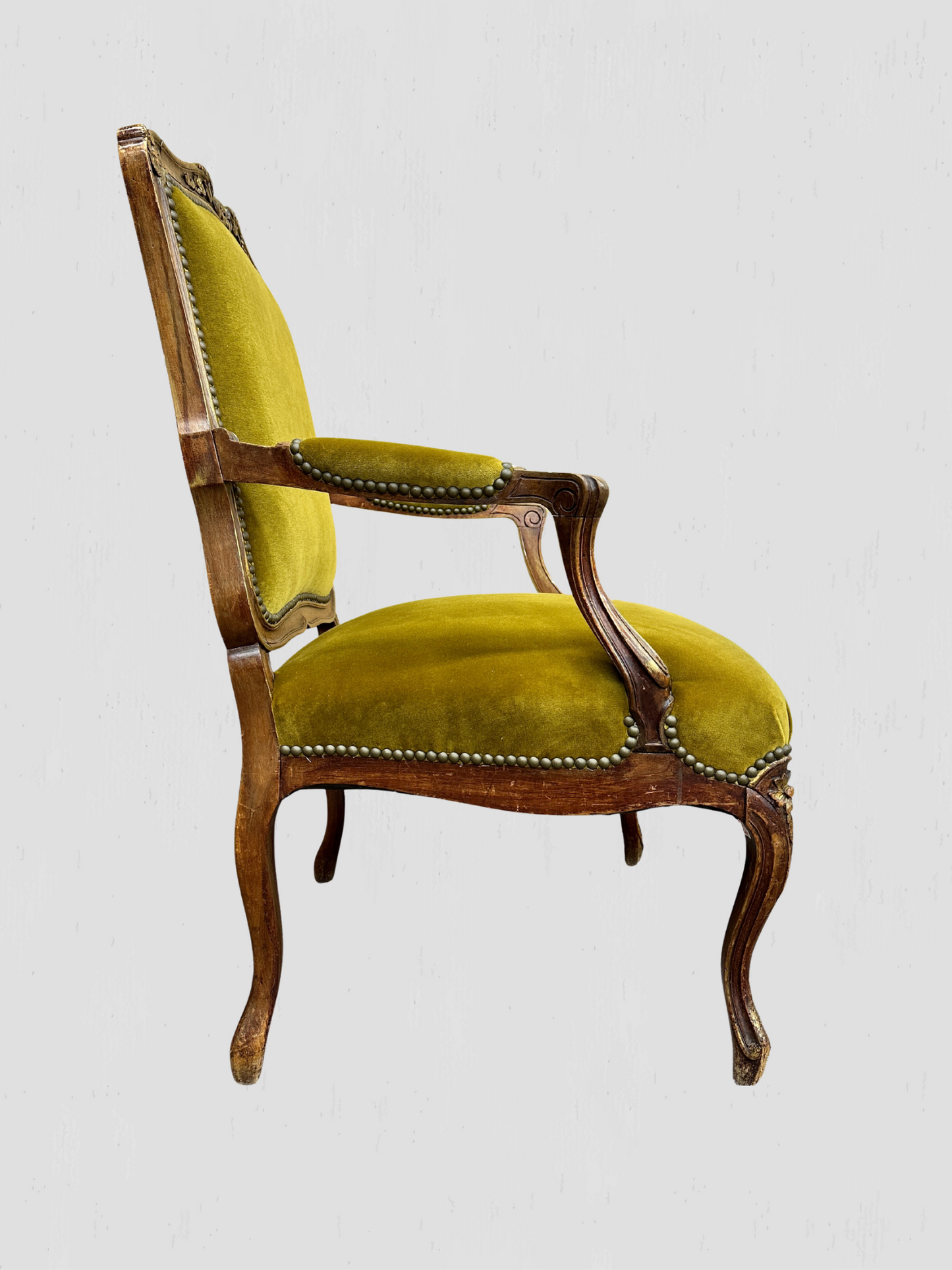 Louis XV Armchair Velvet and Schumacher Linen Pair
