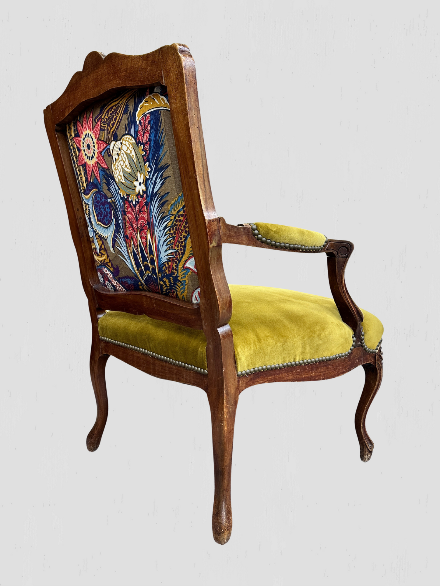 Louis XV Armchair Velvet and Schumacher Linen Pair