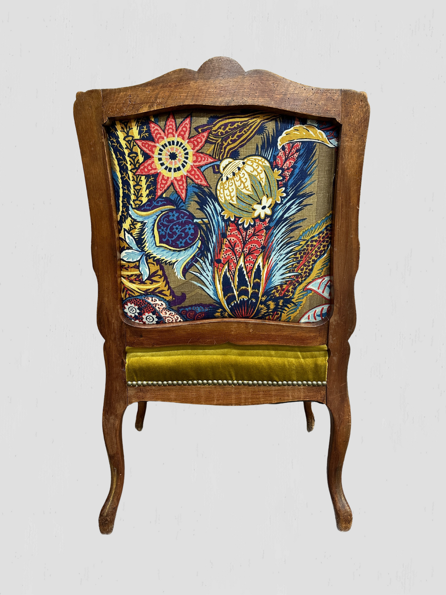 Louis XV Armchair Velvet and Schumacher Linen Pair