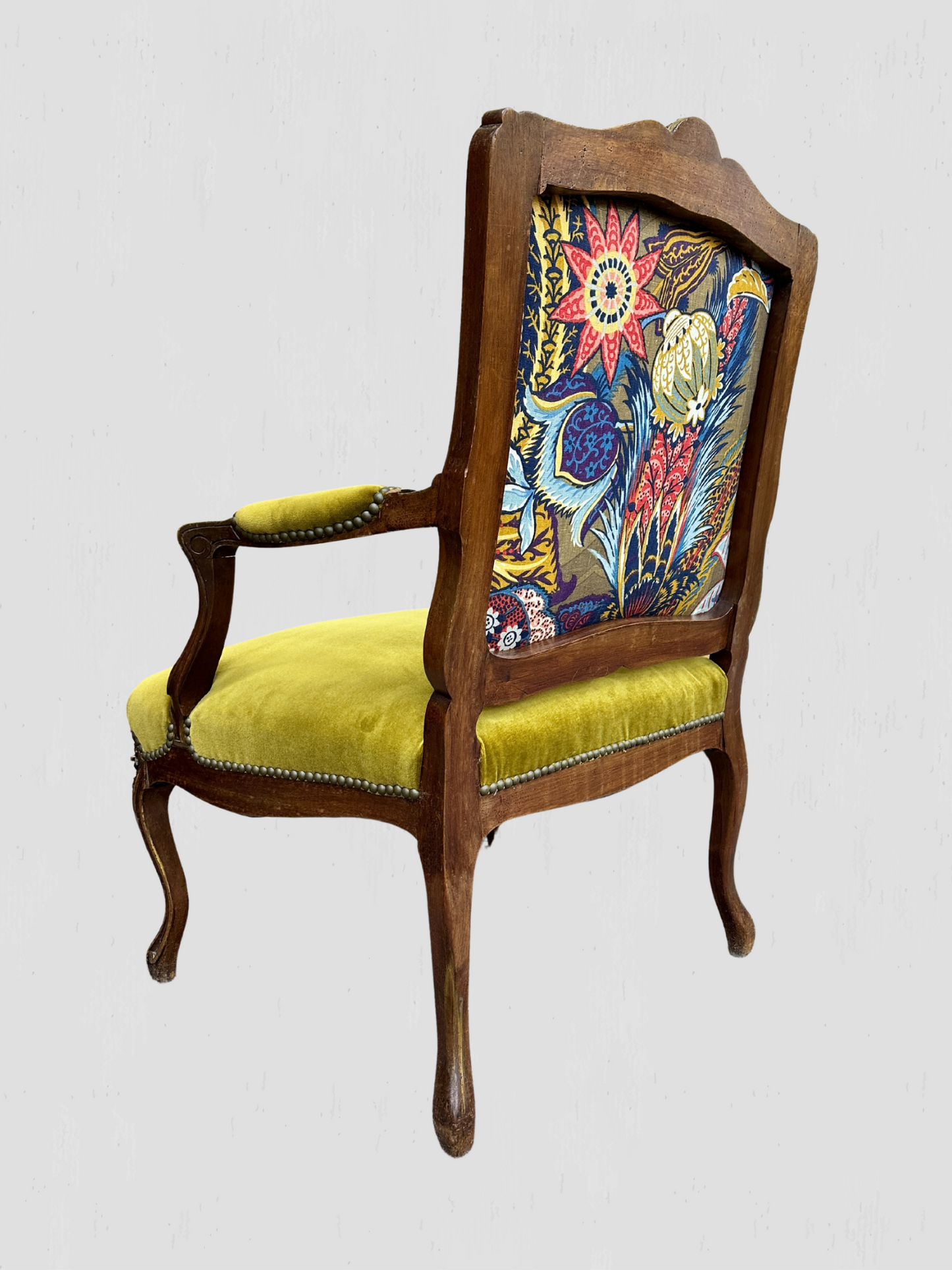 Louis XV Armchair Velvet and Schumacher Linen Pair