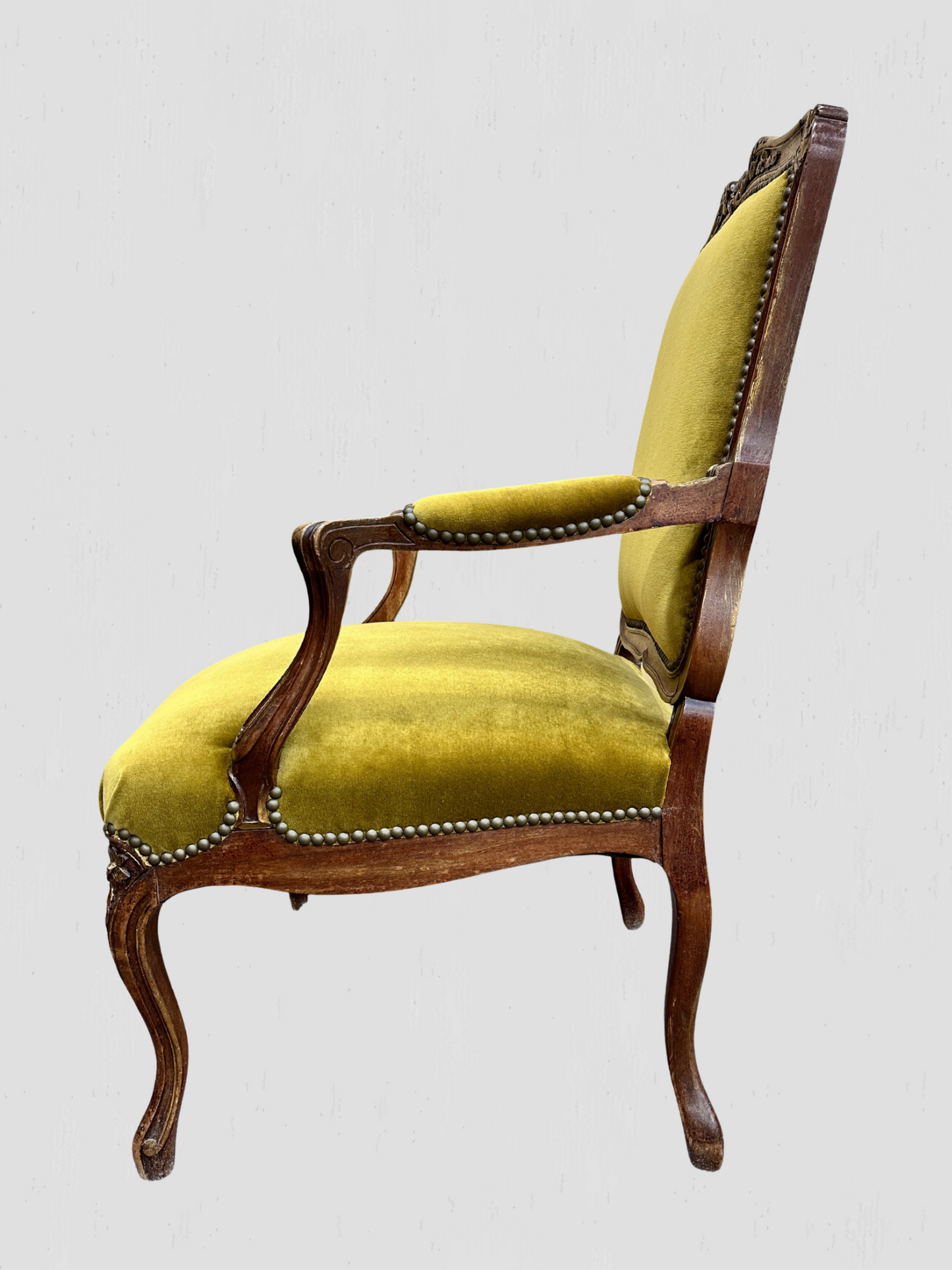 Louis XV Armchair Velvet and Schumacher Linen Pair