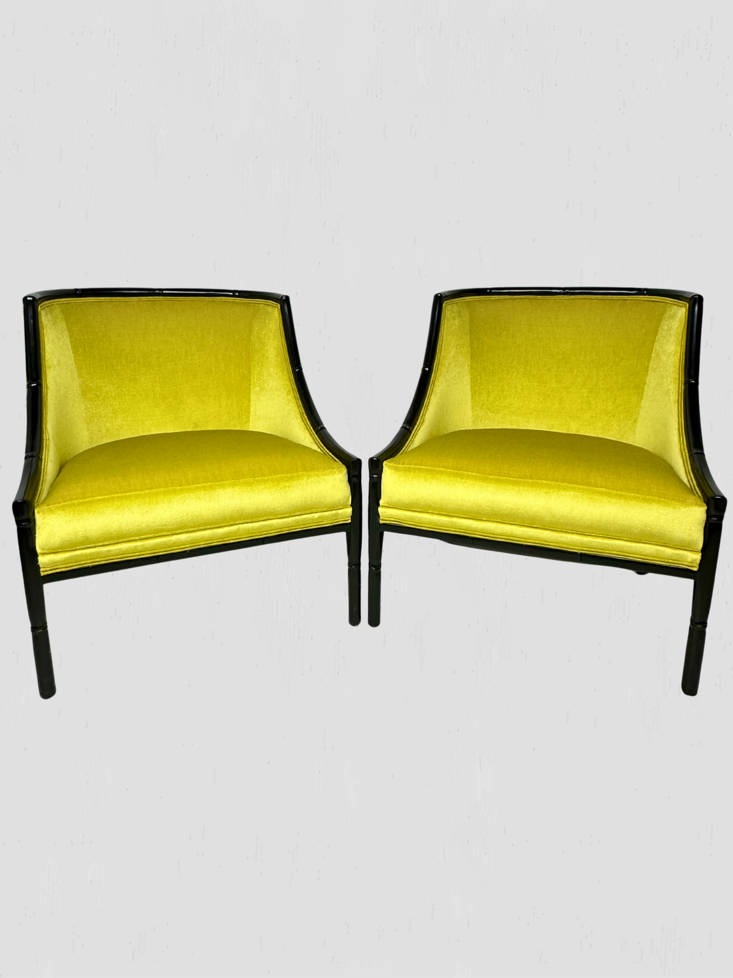 Mid-Century Ebonized Faux Bamboo & Chartreuse Velvet Lounge Hip Rest Chairs Pair