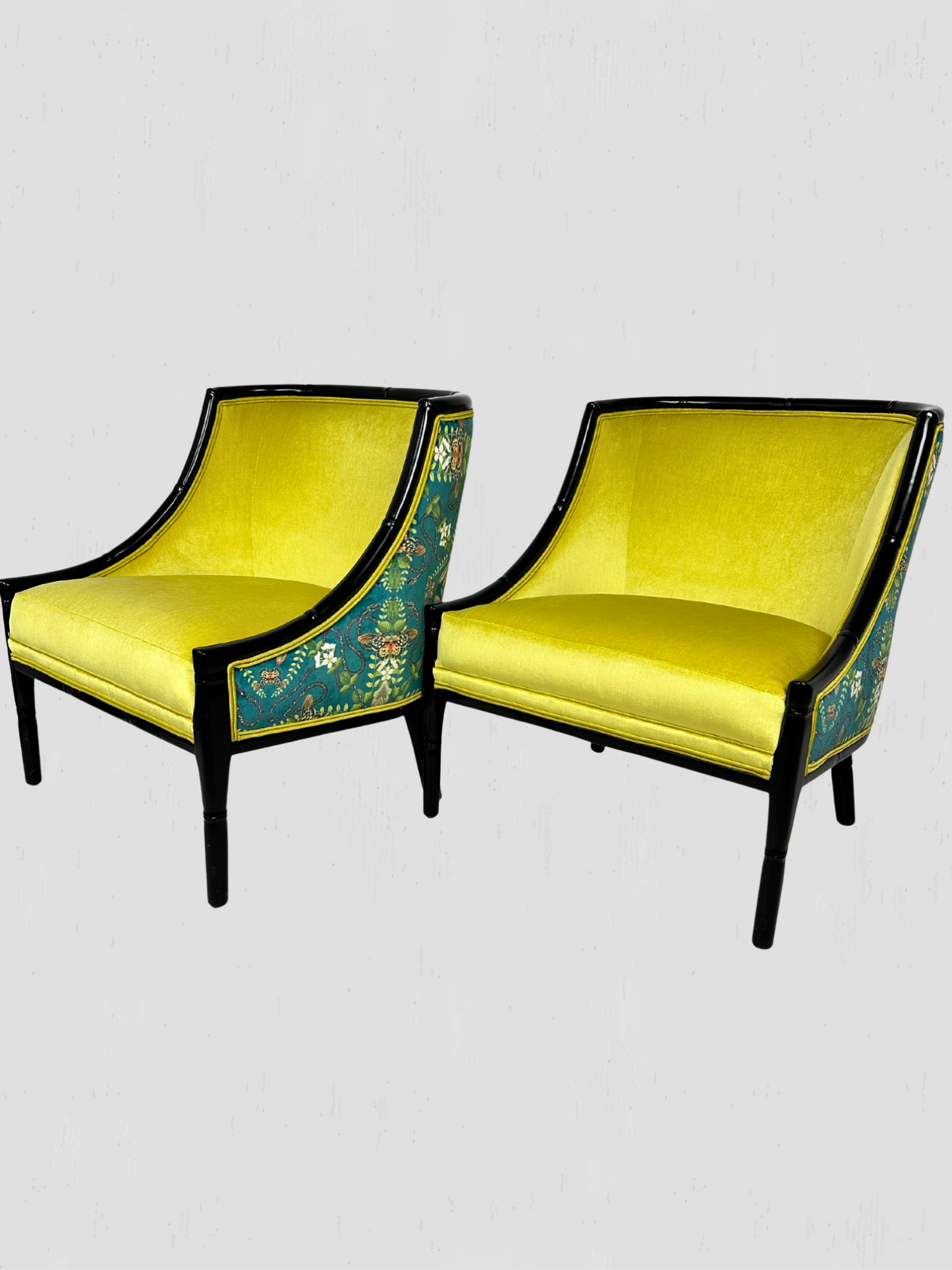 Mid-Century Ebonized Faux Bamboo & Chartreuse Velvet Lounge Hip Rest Chairs Pair
