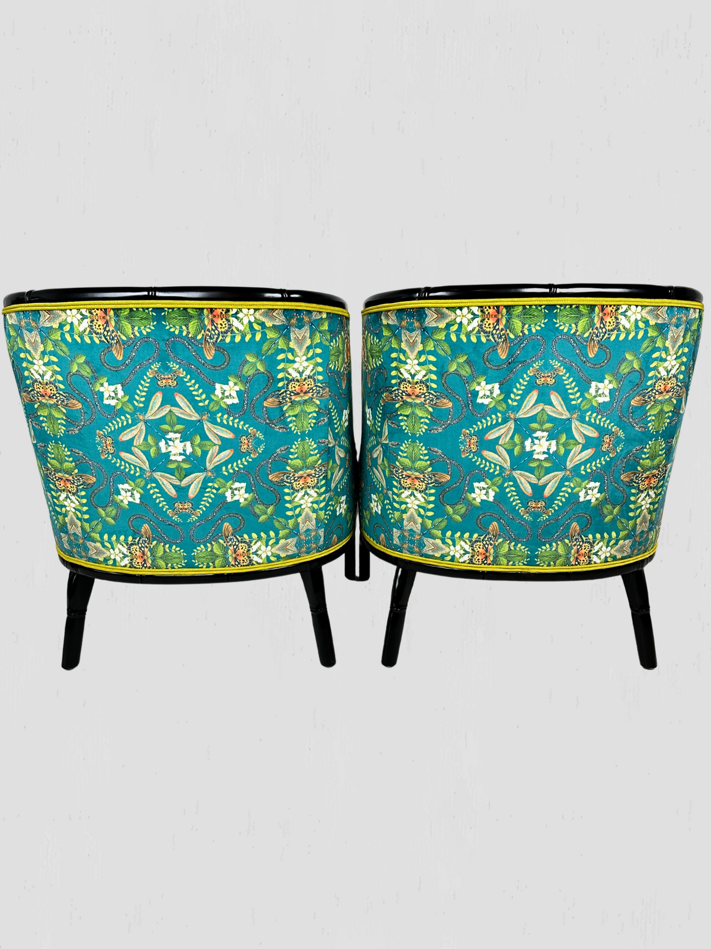 Mid-Century Ebonized Faux Bamboo & Chartreuse Velvet Lounge Hip Rest Chairs Pair