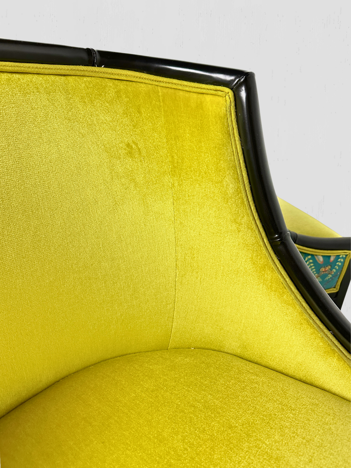 Mid-Century Ebonized Faux Bamboo & Chartreuse Velvet Lounge Hip Rest Chairs Pair