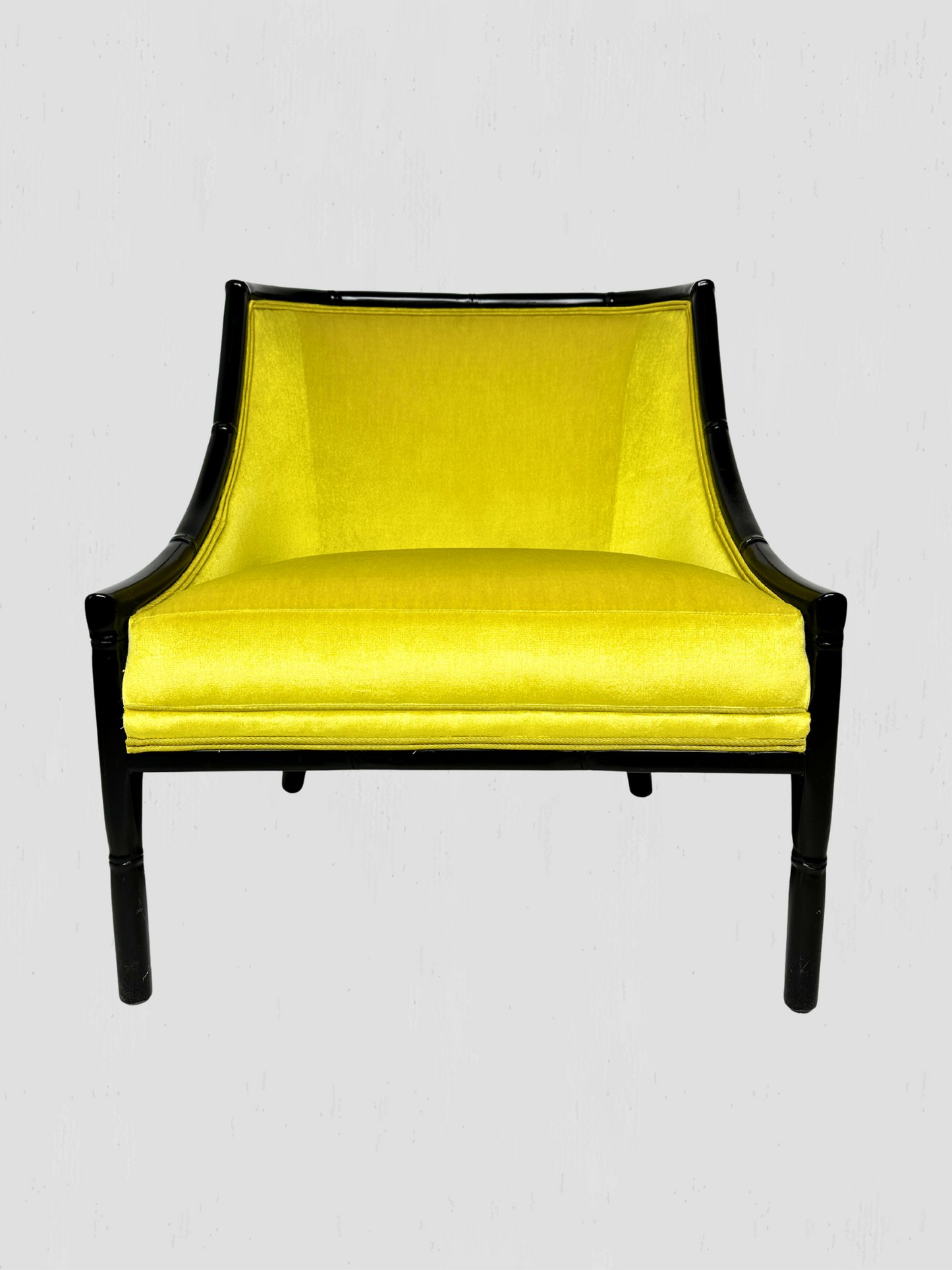 Mid-Century Ebonized Faux Bamboo & Chartreuse Velvet Lounge Hip Rest Chairs Pair