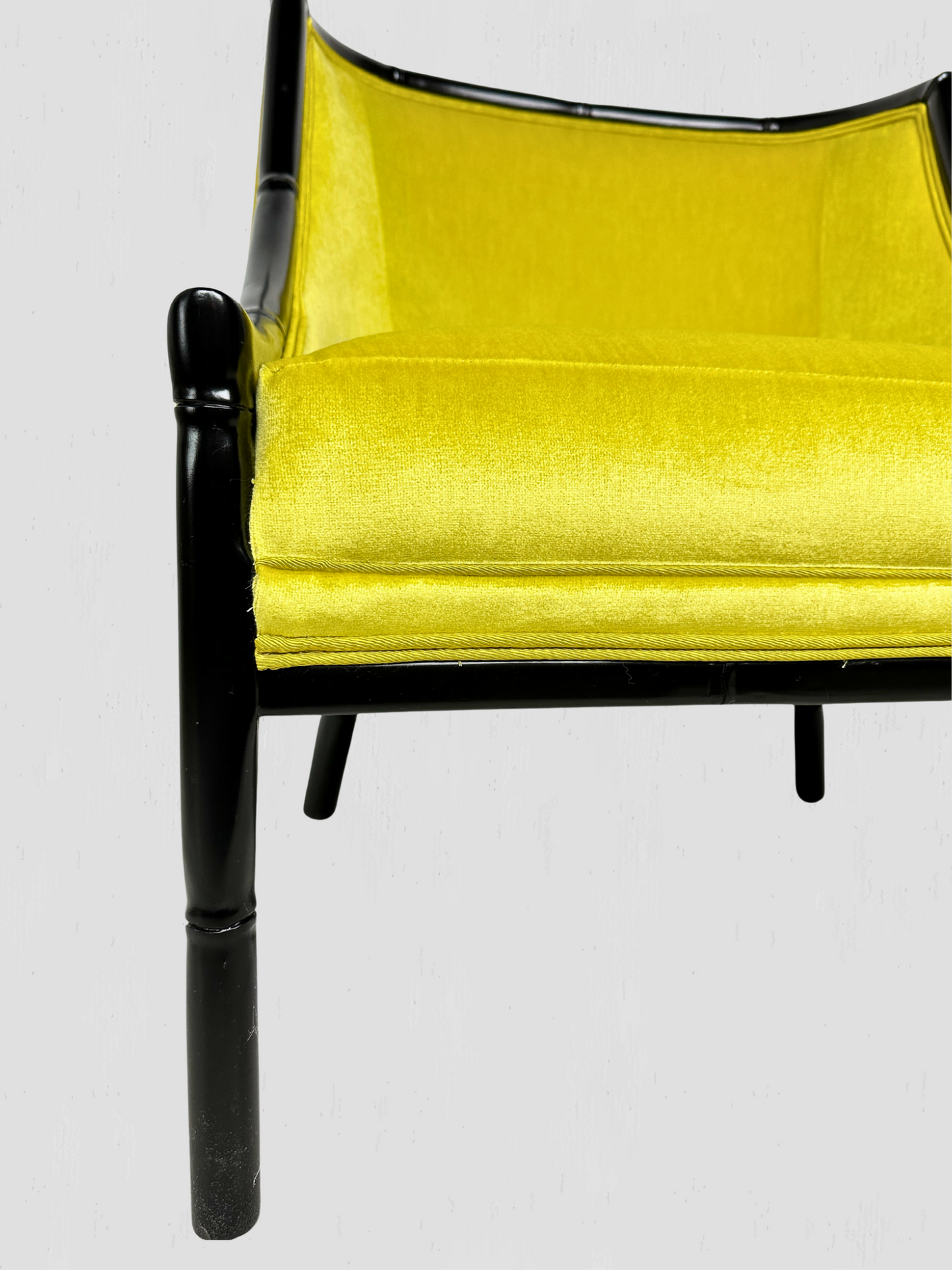 Mid-Century Ebonized Faux Bamboo & Chartreuse Velvet Lounge Hip Rest Chairs Pair