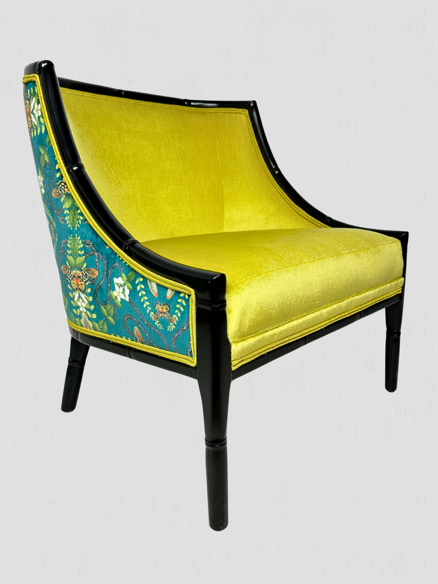 Mid-Century Ebonized Faux Bamboo & Chartreuse Velvet Lounge Hip Rest Chairs Pair