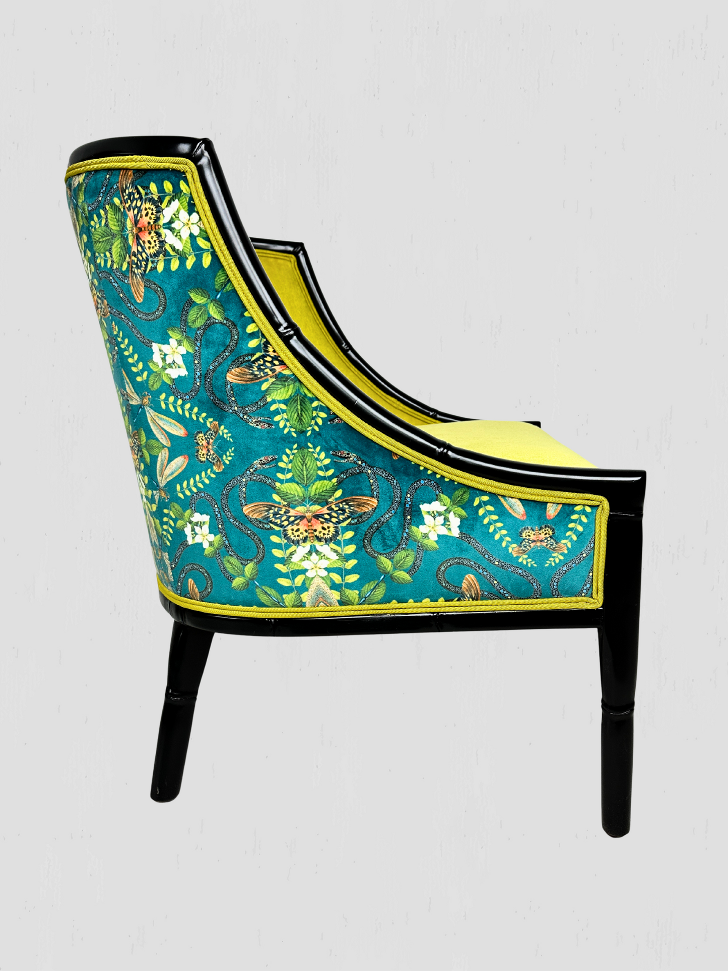 Mid-Century Ebonized Faux Bamboo & Chartreuse Velvet Lounge Hip Rest Chairs Pair