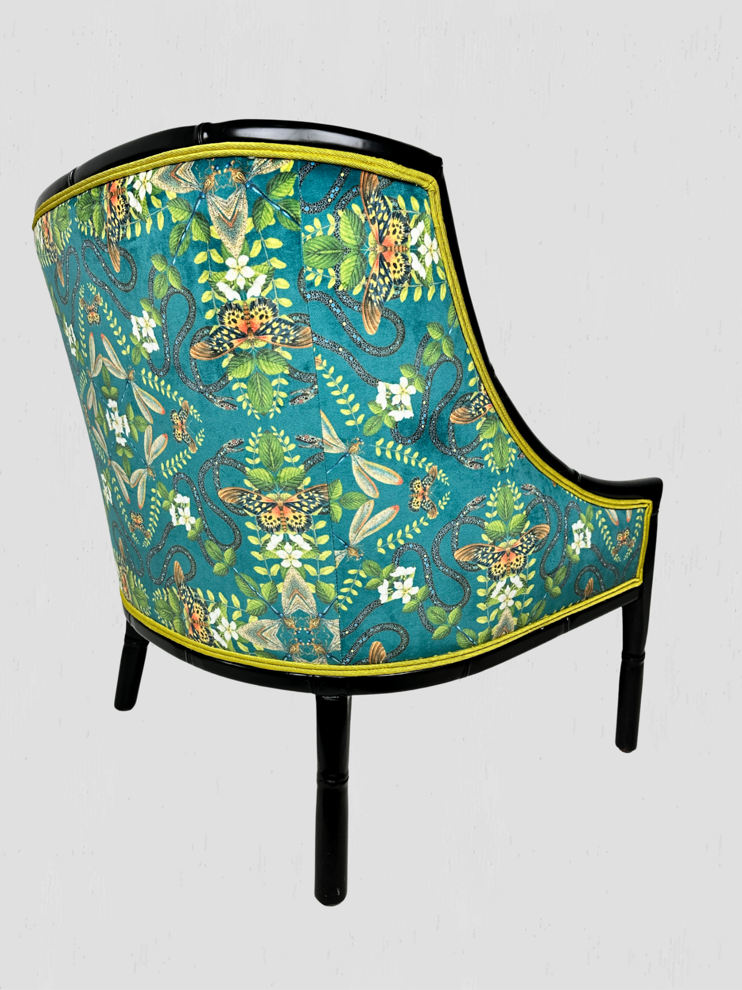 Mid-Century Ebonized Faux Bamboo & Chartreuse Velvet Lounge Hip Rest Chairs Pair
