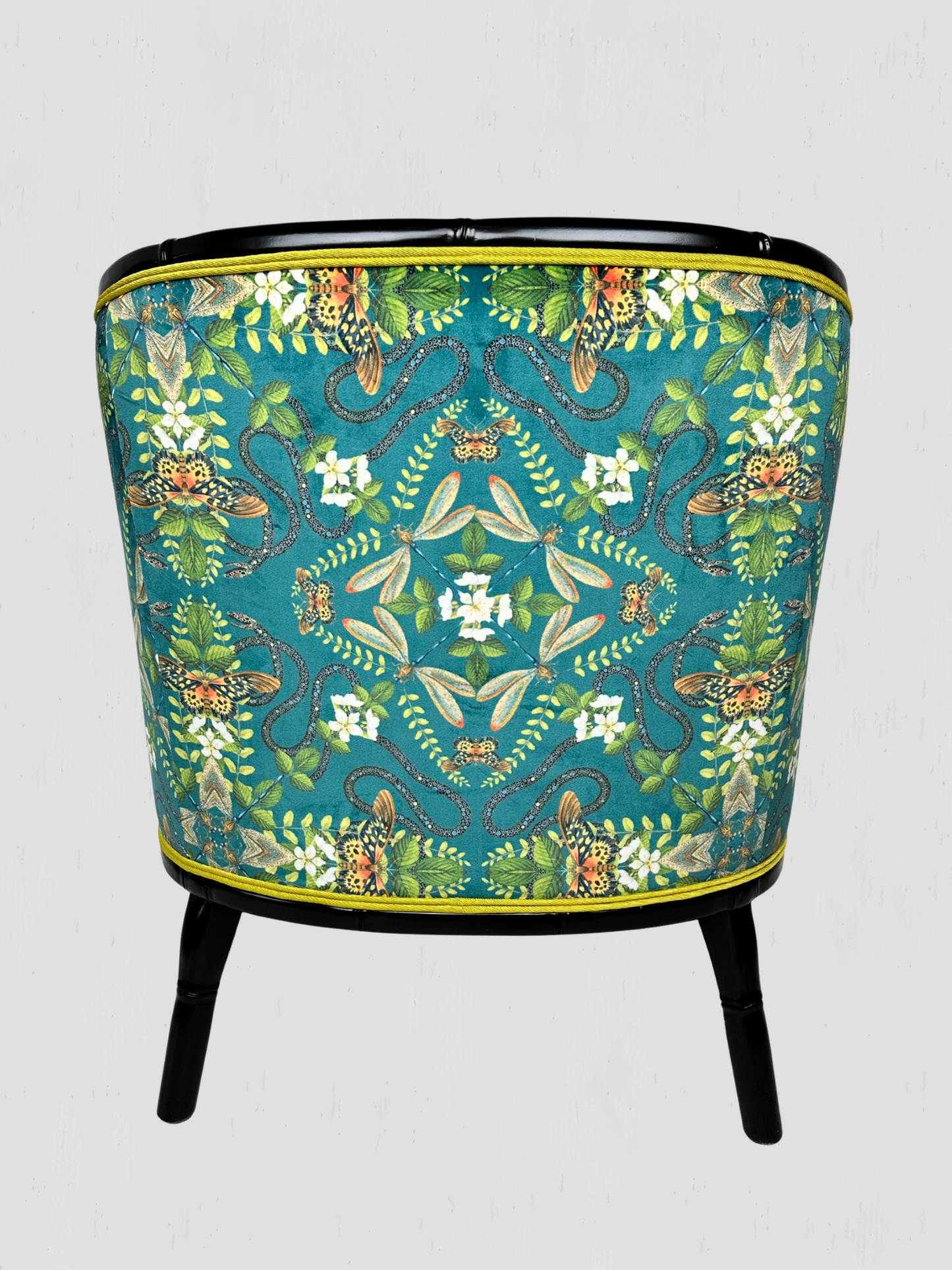 Mid-Century Ebonized Faux Bamboo & Chartreuse Velvet Lounge Hip Rest Chairs Pair