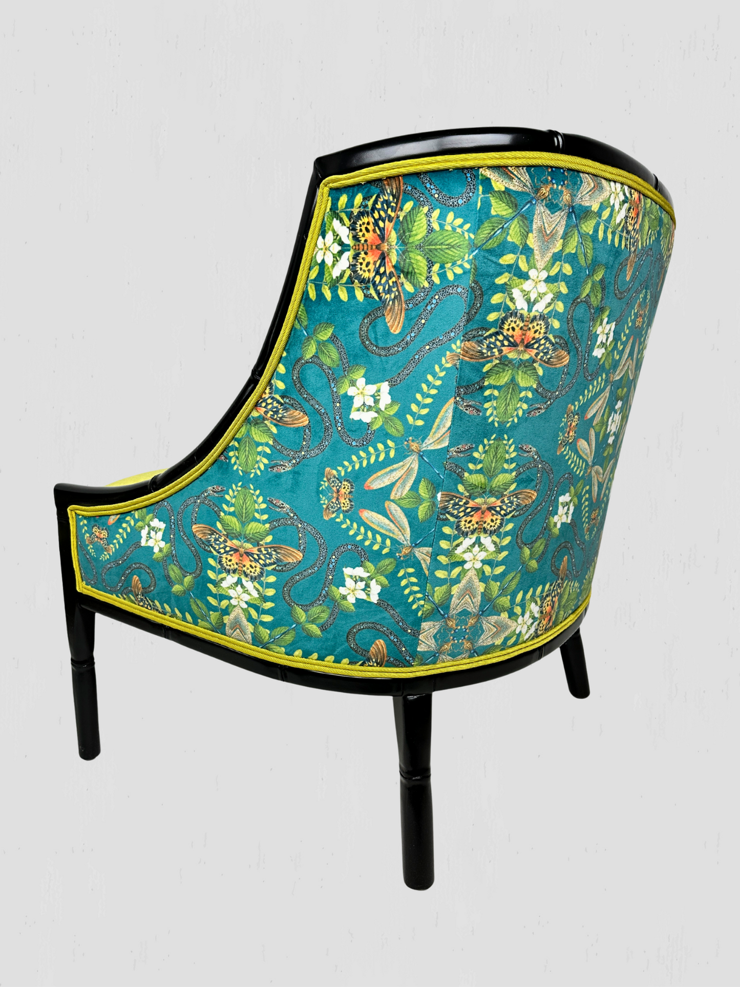 Mid-Century Ebonized Faux Bamboo & Chartreuse Velvet Lounge Hip Rest Chairs Pair