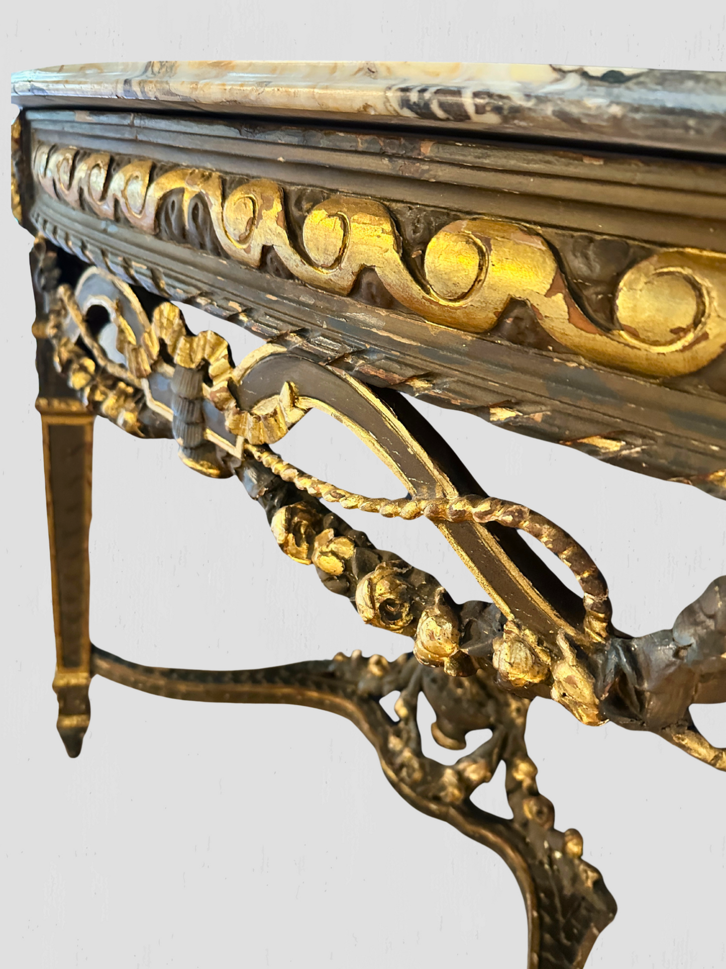 19th Century Rococo Carved Gilt Demilune Wall Mount Table Marble Top Antique