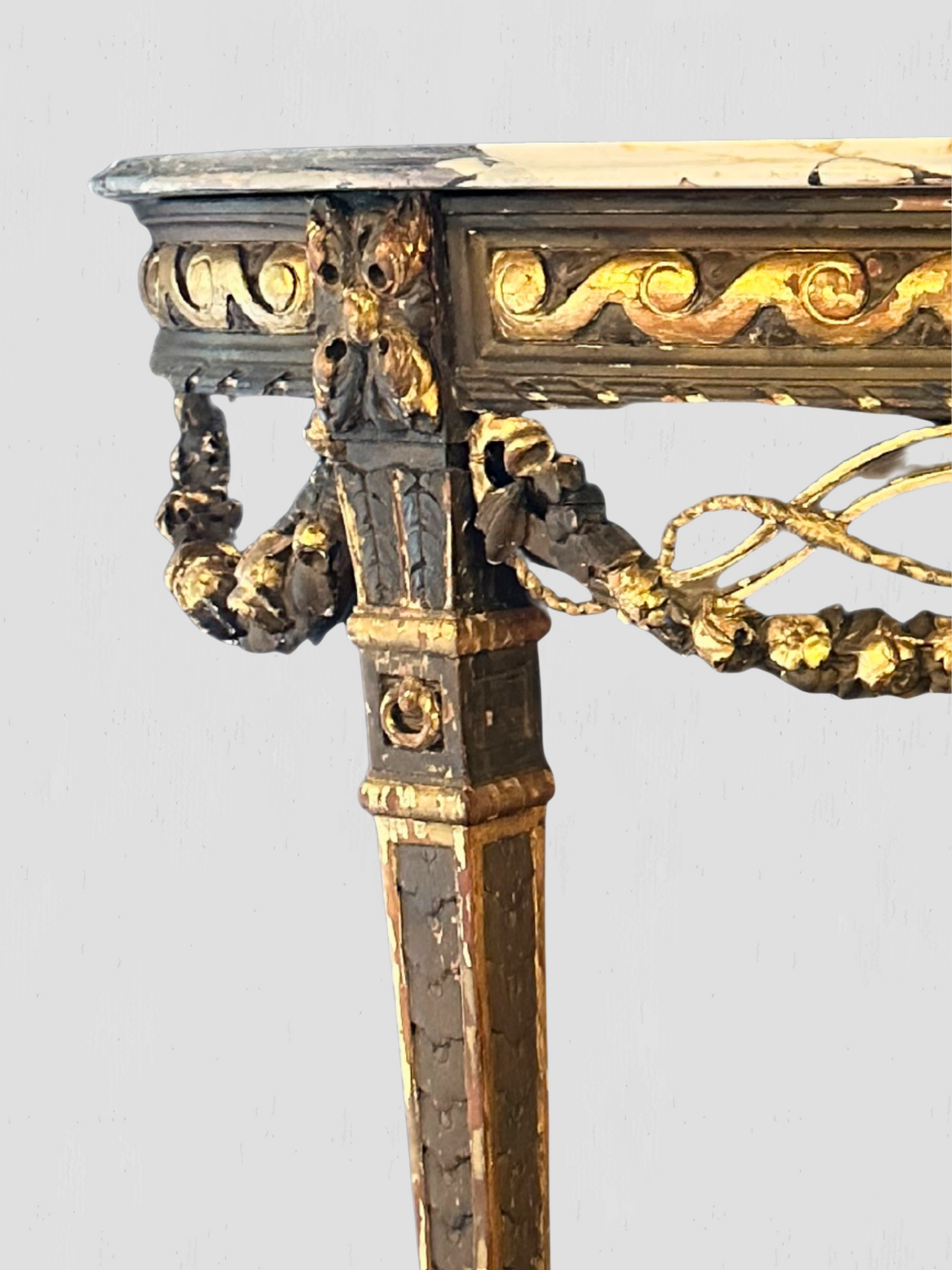 19th Century Rococo Carved Gilt Demilune Wall Mount Table Marble Top Antique