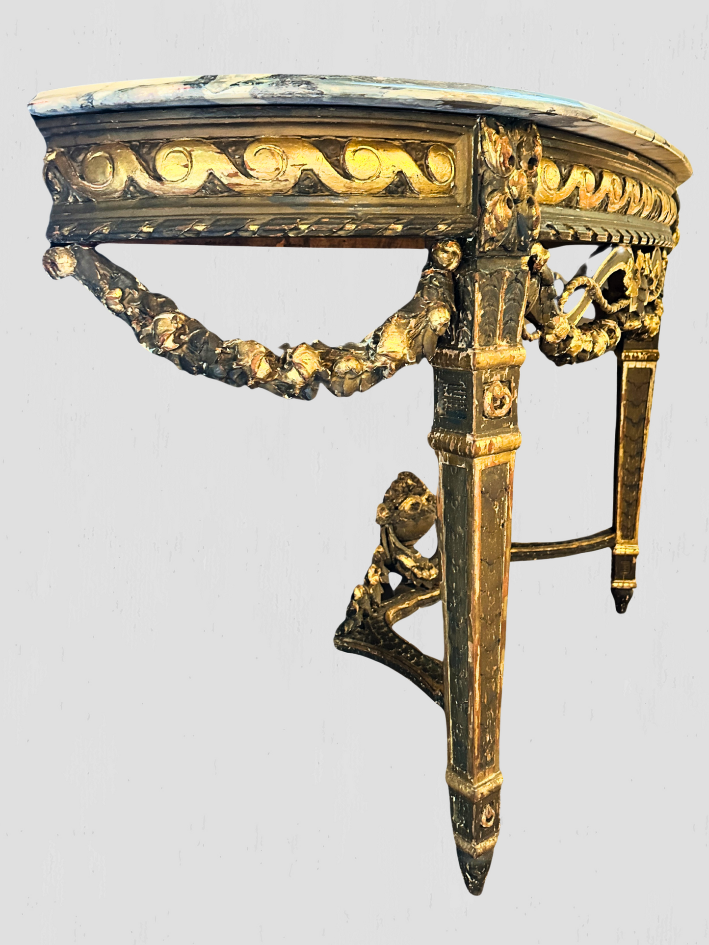 19th Century Rococo Carved Gilt Demilune Wall Mount Table Marble Top Antique