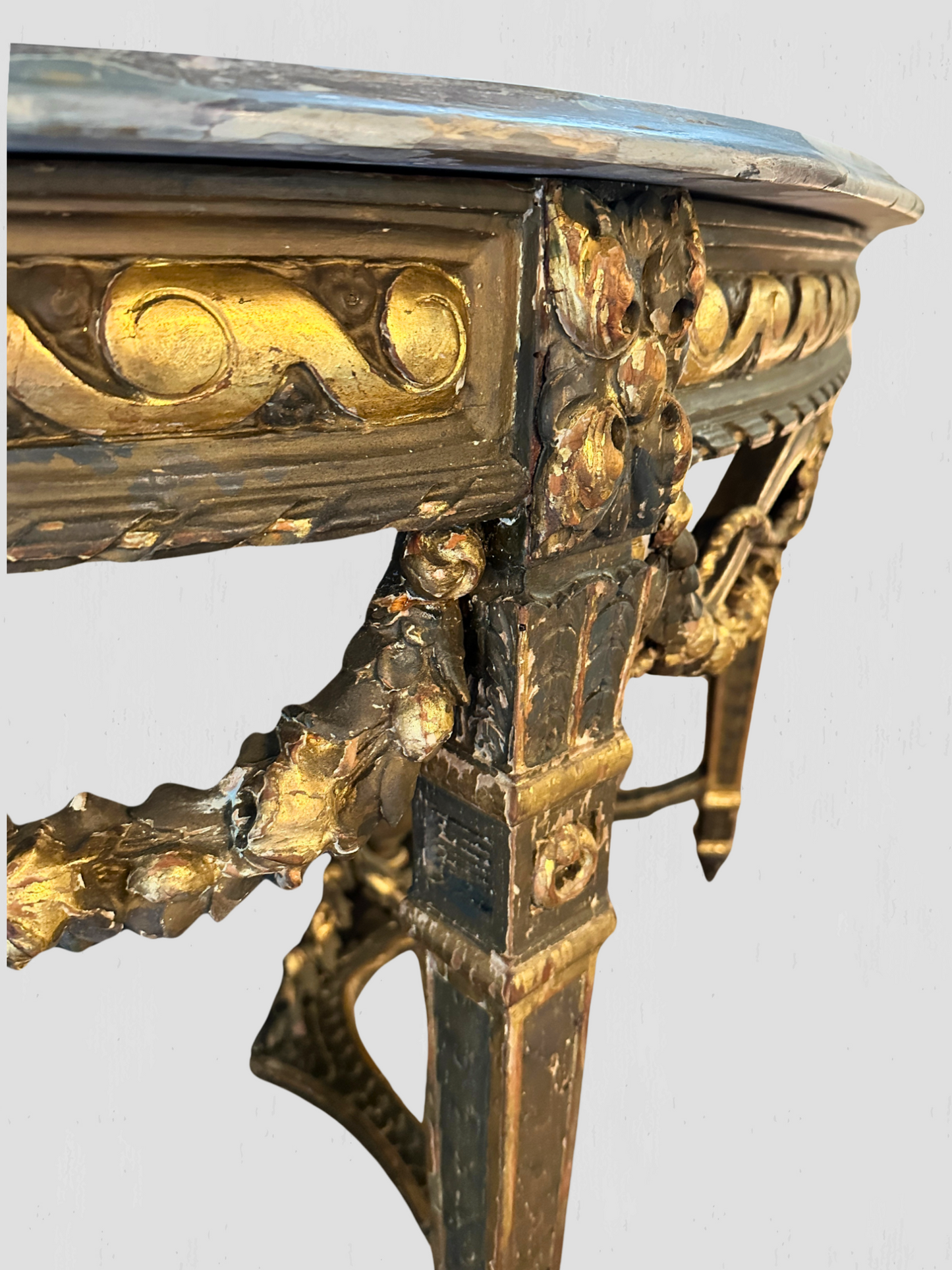 19th Century Rococo Carved Gilt Demilune Wall Mount Table Marble Top Antique