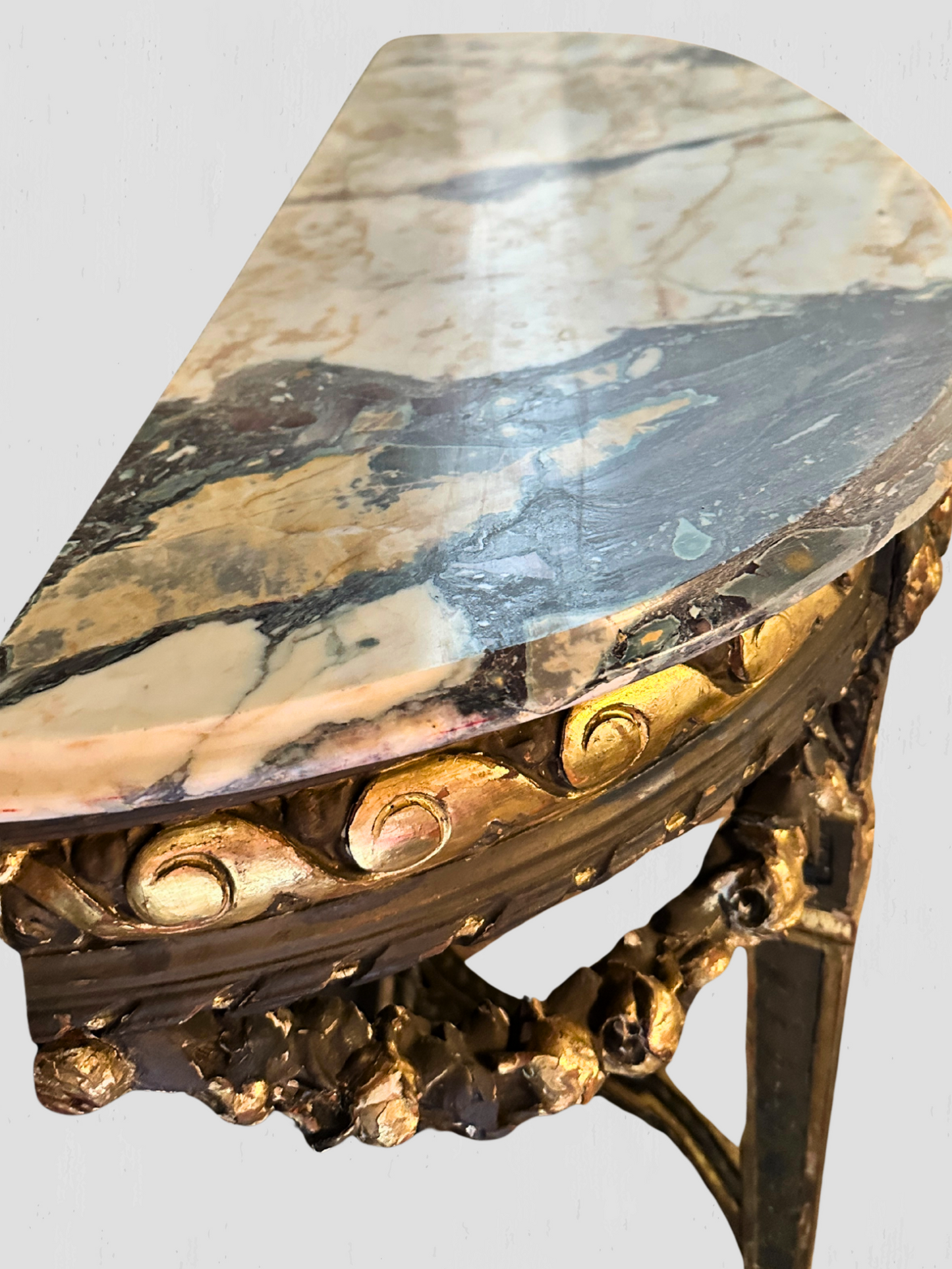 19th Century Rococo Carved Gilt Demilune Wall Mount Table Marble Top Antique