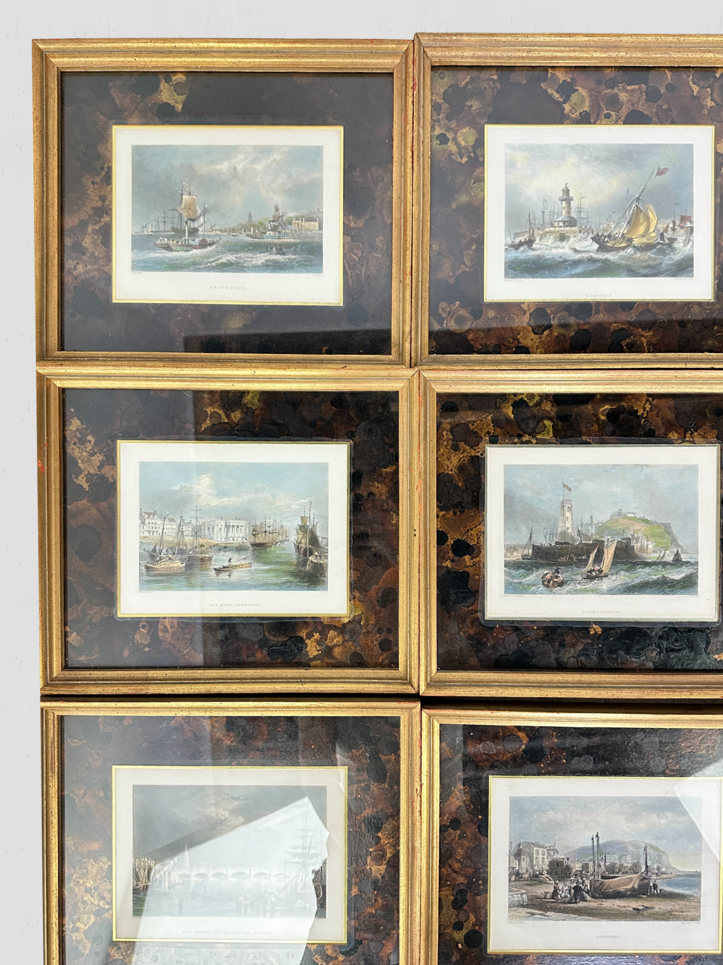 Set of 12 Hand Colored Nautical Engravings with Gold Leaf Frames